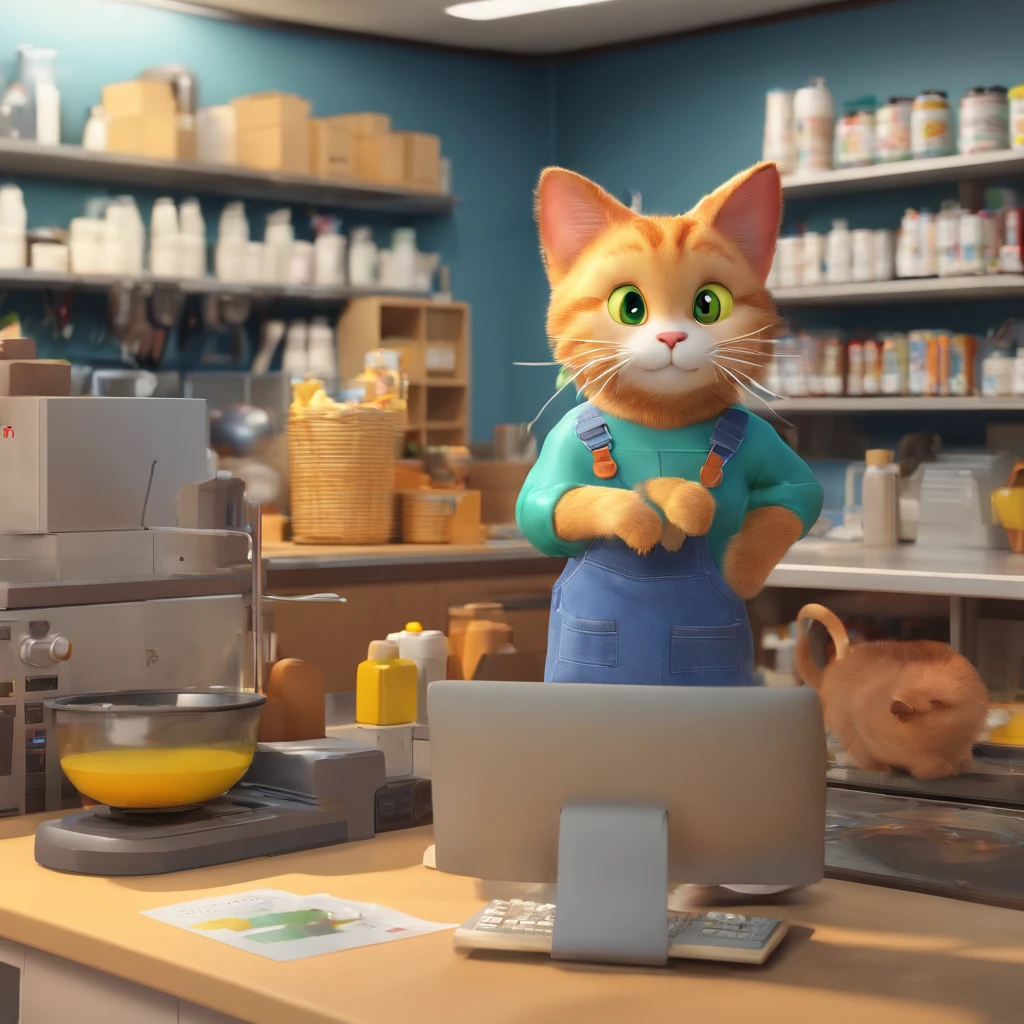 a cat in work clothes, in overalls with his hands on the counter, there is a play station on the counter, behind the counter is a man looking at the cash register and paying, in the background you can see televisions, microwaves, binella technology,
