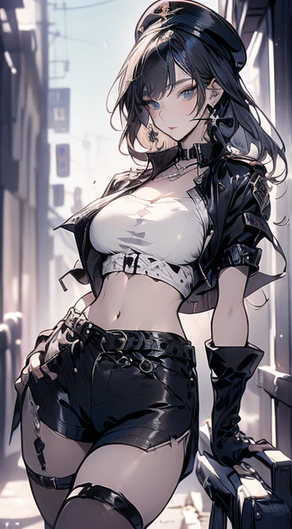  19 years old, (milf:0.8), (solo:1.5), (sfw:1.25), sexy breast, beautiful breasts, (medium tits:0.8), thin waist, big ass:1.0, Raised sexy, (black beret,black military jacket, open clothes, cleavage, midriff, black shorts, black thighhighs, thigh strap, fingerless gloves, single glove:1.2), blue eyes, light smile, big , Revimpling fabric, earrings, Hand gloves, detailed face,(hold a cigarette:1.1),long hair,side ponytail,hair between eyes,bangs,detailed and beautiful eyes,beautiful detailed lips,Rolling her eyes,manner,hair over one eye, (ultra high resolution, 8K RAW photo, photo realistics, thin outline:1.3, clear focus), best qualtiy, natural lighting, textile shading, field depth, (Bright pupils, fine detailed beautiful eyes with highlight:1.3, high detailed face), Red lip, fine realistic skins:1.1, looking down viewers:1.3, (dynamic angle:1.3, front view:1.1, breast focus:1.3, from above:1.2), (dynamic posing:1.5, sexy posing:1.2),Youghal, side lock, hair ornaments,nice,garden background,artistic rendering,Super detailed,(highest quality,4k,8K,High resolution,masterpiece:1.2),Bright colors,studio lighting ,at military base in usa
