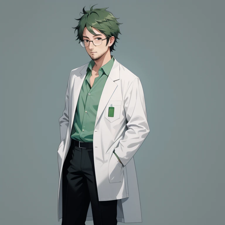 1 old man, 30 years old, white lab coat, dark green hair, blue collared shirt, black pants, glassese, full body, standing, lower arms, looking at viewer, front view, thick outline, gray background, simple background