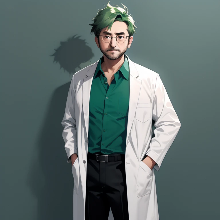 1 old man, 30 years old, white lab coat, dark green hair, blue collared shirt, black pants, glassese, full body, standing, lower arms, looking at viewer, front view, thick outline, gray background, simple background