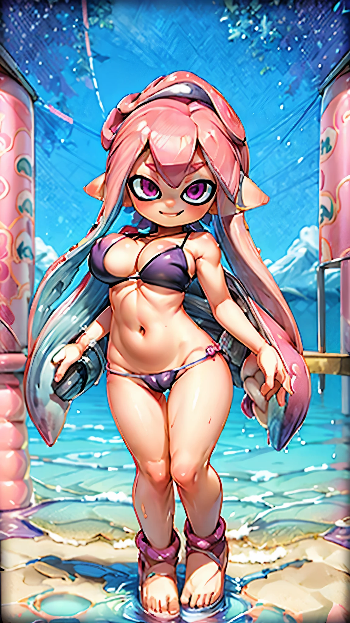Splatoon Girl 、3D,real anime、((super big breasts))、fua、pink tentacle hair、((cleavage、Pose that emphasizes the chest、Sexy dynamic pose))、wide open smile、big and cute eyes、beautiful eyeicro bikini、cheek、Lipstick、