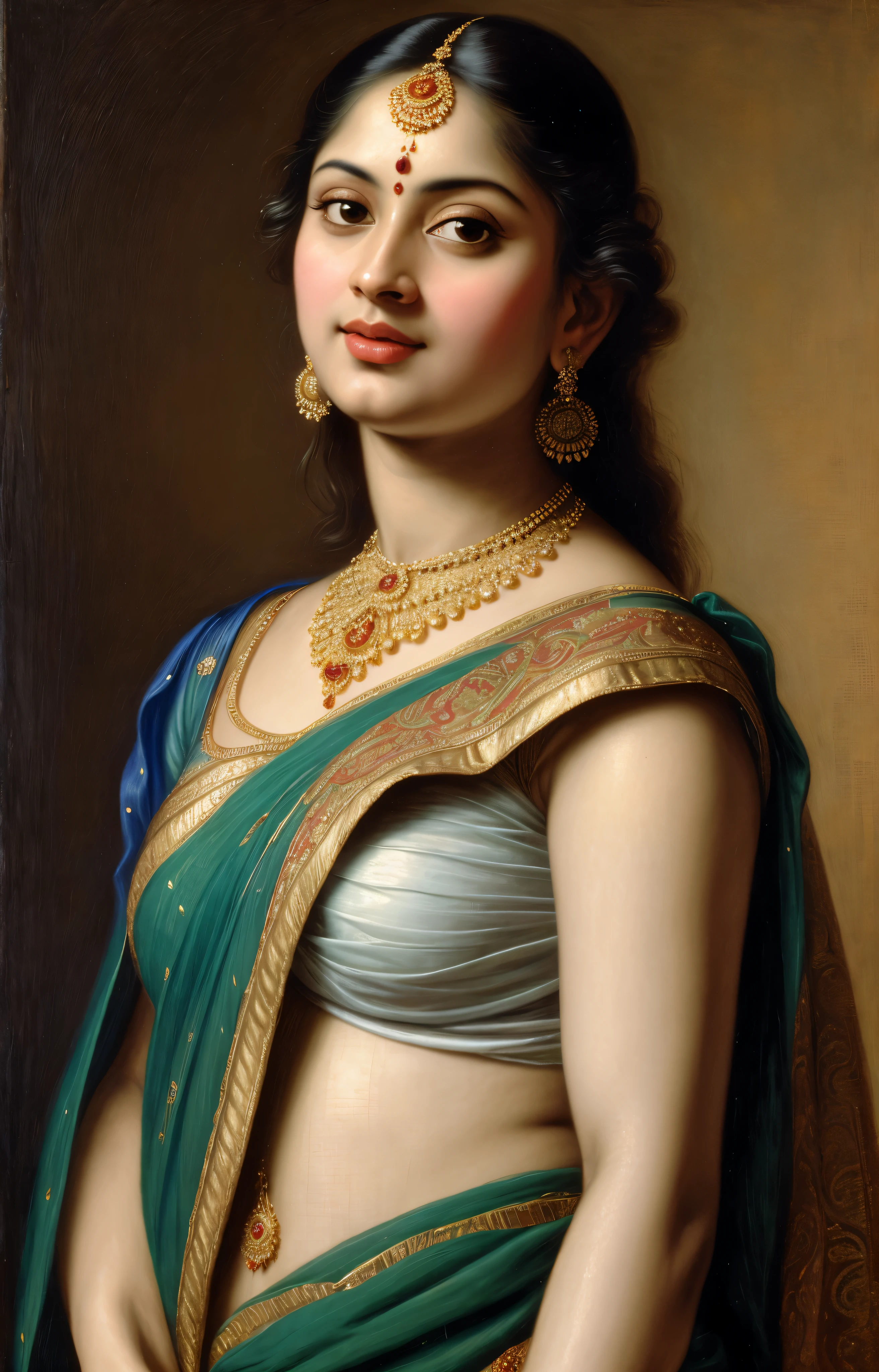 Beautiful Indian Woman, wearing saree, sari Beauty, gorgeous, Apsara, Maharani, royal queen woman, nymph from Hindu Mythology, Urvashi, matchless beauty, Highly detailed, Oil Painting by Peter Paul Rubens inspired by Raja Ravi Varma, Matchless beauty, captivating, gorgeous, heavenly beauty, celestial beauty, by Peter Paul Rubens, 13, realistic, hyper realistic, micro details, incredible artwork, insane details, ultra High resolution, 8k, 32k, acrylic on canvas, intricate, flawless, detailed, detailed face, detailed eyes, masterpiece, by Peter Paul Rubens, by Caravaggio, by William Adolphe bouguereau, perfect face, perfect body, beautiful art, realism, baroque, renaissance Art, highly textured, beautiful and detailed eyes, uhd, best quality,
