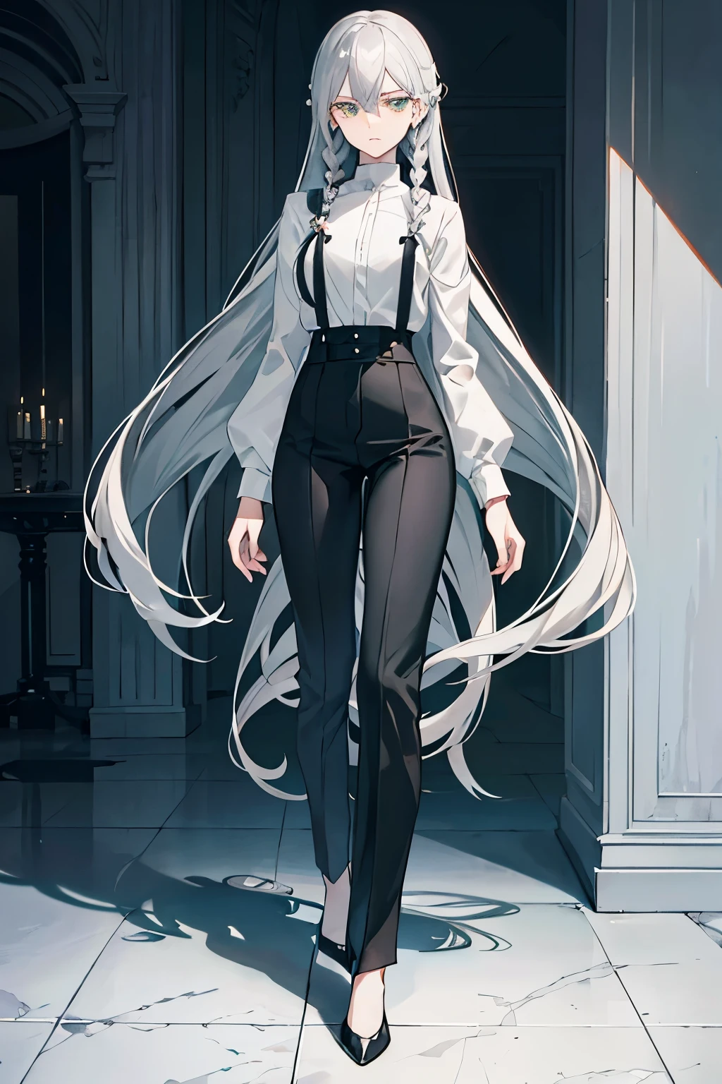 gray hair long hair green eyes white shirt black pants magnificent exquisite character art Great characters (Full body portrait) slender gloomy Braid Shy long hair troubled expression facing right Weak-minded