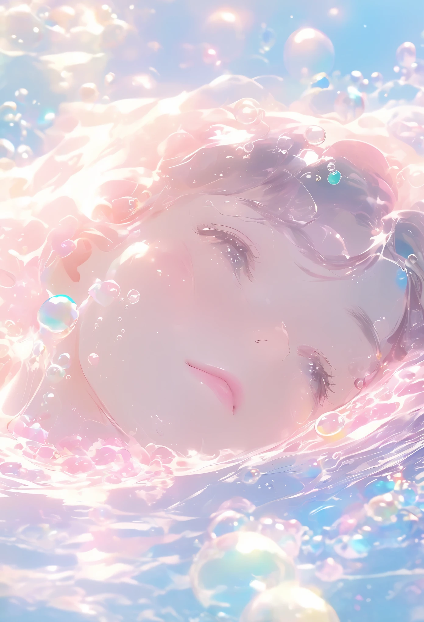 A person lying in water,With fluid abstract,Reflection and mirroring styles,Clear light pink,Clear water,White soap bubbles,Bokeh shots,Close-up from the neck up,Head close-up