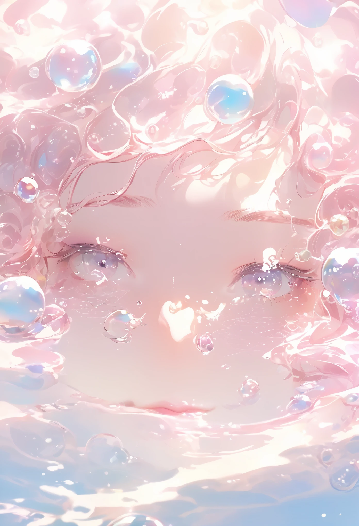 A person lying in water,With fluid abstract,Reflection and mirroring styles,Clear light pink,Clear water,White soap bubbles,Bokeh shots,Close-up from the neck up,Head close-up