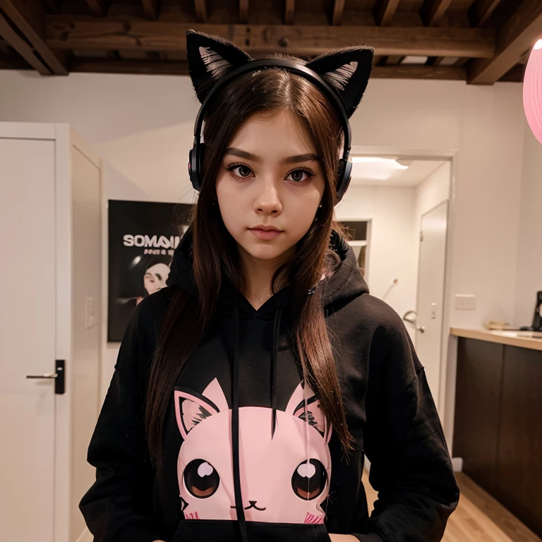 Eye color russett, long straight hair umber, wear cute black hoodie, wearing pink black neko gamer headphone, korean soft girl