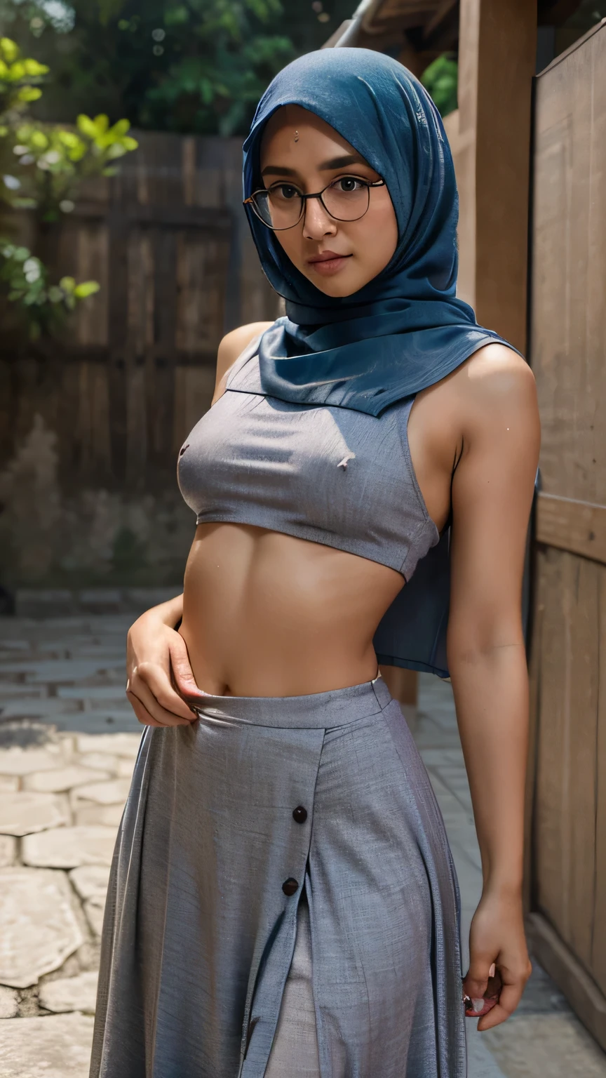 ((small breast)), naughty glasses hijab girl wear wet crop top full colour gamis, braless, sharp edge nipples erecting were visible out through gamis