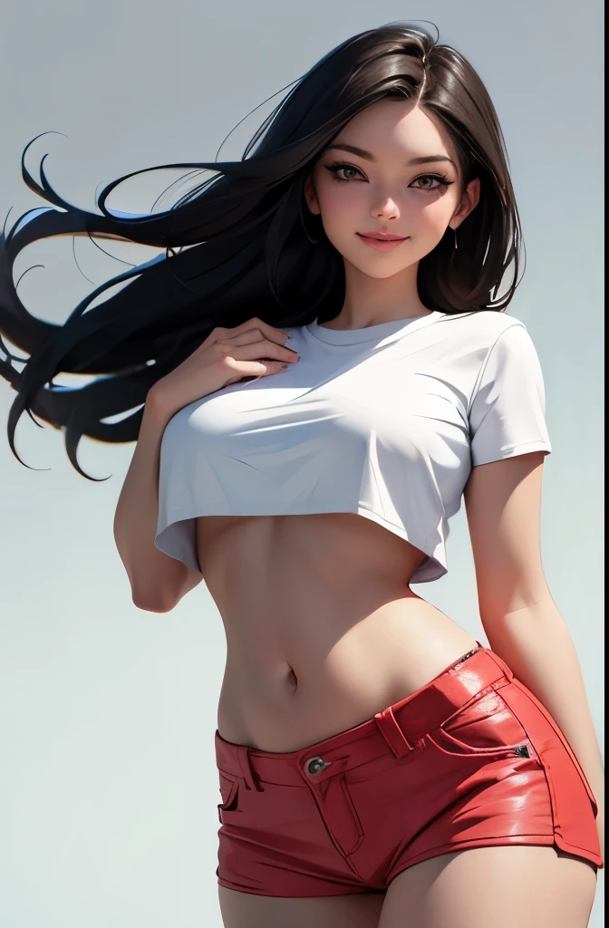 (best quality, masterpiece:1.2), Sketch full view of a hot looking fair skin 29 year old woman standing in front of us. She has brown eyes and long straight black hair. She has big breasts, playful smile. She has a nice curvy physique. She is wearing a crop top and lowrider shorts. Underboob showing. Apartment background. Shading. Lighting. Dynamic pose.