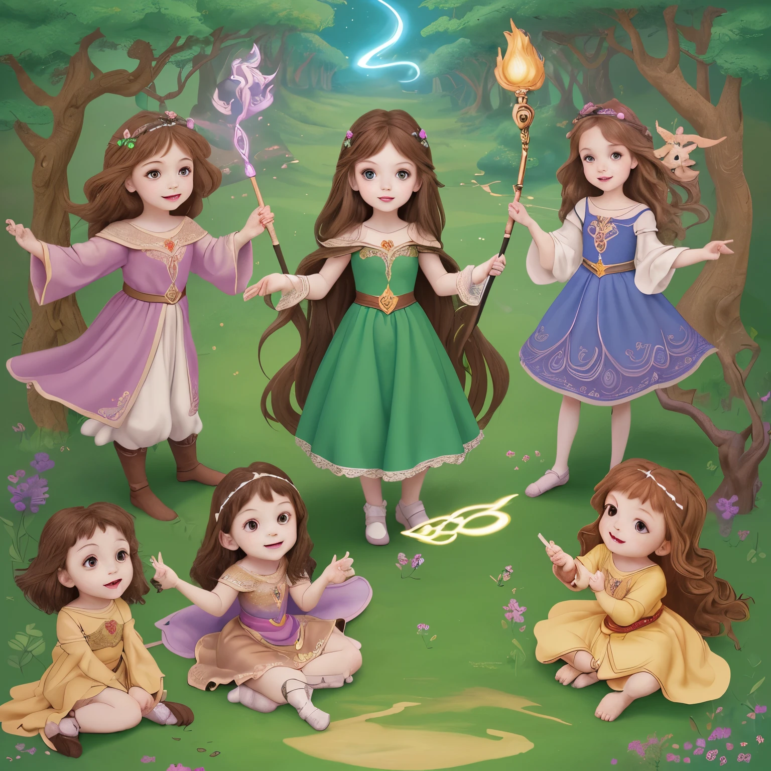 The guardian of the enchanted land, and her friends, various poses and expressions on an enchanted land background, children's book illustration style, simple, cute, 6 , colors, brown hair, plain color, with colorful dress, with magic wand