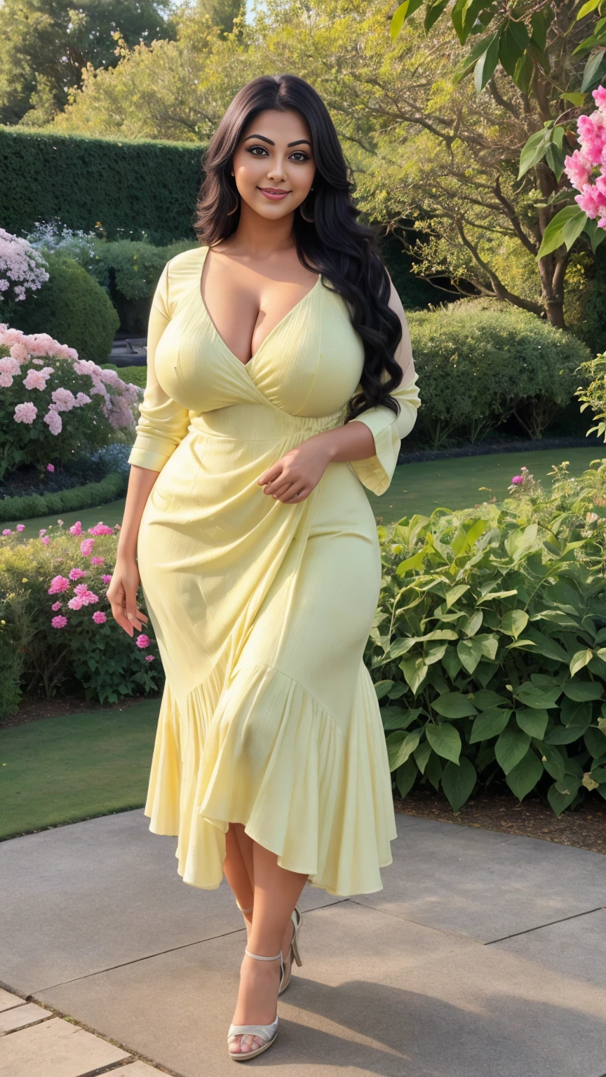 Rati Agnihotri Indian beautiful actress curvy plus size hour glass bulky huge figure woman, closeup camera view, big huge m-cup breast, wearing SHEIN Young Girl Pleated Elegant Party Princess Dress SKU: sk2305049341169119 (1000+ Reviews) GBP£6.99 GBP£9.99 -30% Including VAT Color:Yellow, elegant standing position, eye contact view, different style hairstyle, bright eyes, thin eyebrows, fair skin, blushing cheeks, prefect head to toe view, full body,Garden Paradise: A lush botanical garden with vibrant flowers, winding paths, and serene ponds, head to toe view, full body shot, full body view, smile face, black hair, Indian face, perfect skin tone light, ultra realistic skin texture