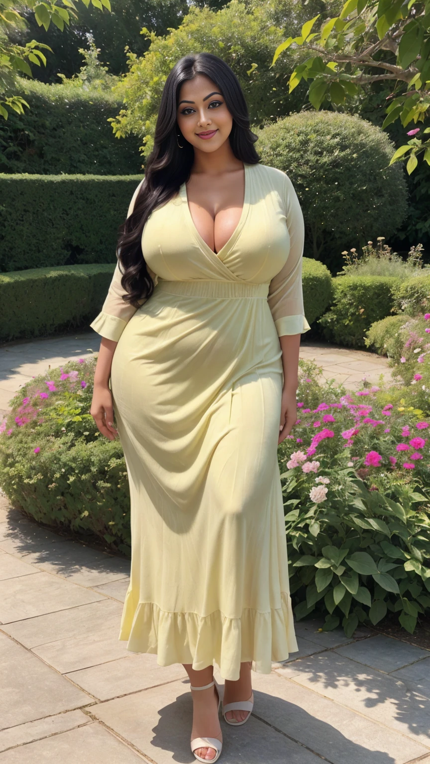 Rati Agnihotri Indian beautiful actress curvy plus size hour glass bulky huge figure woman, closeup camera view, big huge m-cup , wearing SHEIN Young Girl Pleated Elegant Party ess Dress SKU: sk2305049341169119 (1000+ Reviews) GBP£6.99 GBP£9.99 -30% Including VAT Color:Yellow, elegant standing position, eye contact view, different style hairstyle, bright eyes, thin eyebrows, fair skin, blushing cheeks, prefect head to toe view, full body,Garden Paradise: A lush botanical garden with vibrant flowers, winding paths, and serene ponds, head to toe view, full body shot, full body view, smile face, black hair, Indian face, perfect skin tone light, ultra realistic skin texture