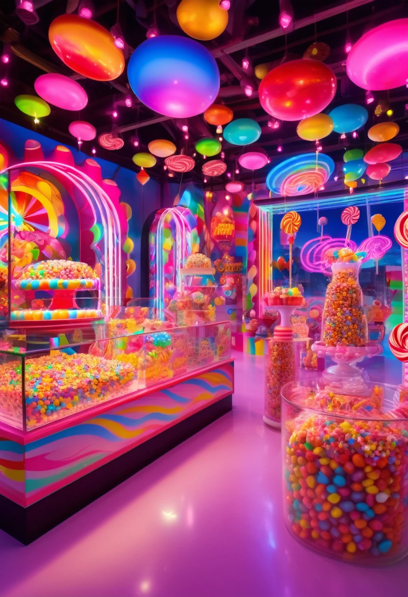 Interesting window display, Creative window display, Display of candy. candyland, candy shop, candy factory, Global illumination. Particle tracing. neon lights, Colorful. 8k ultra high definition. The kid looks into the window。kid look's back.）