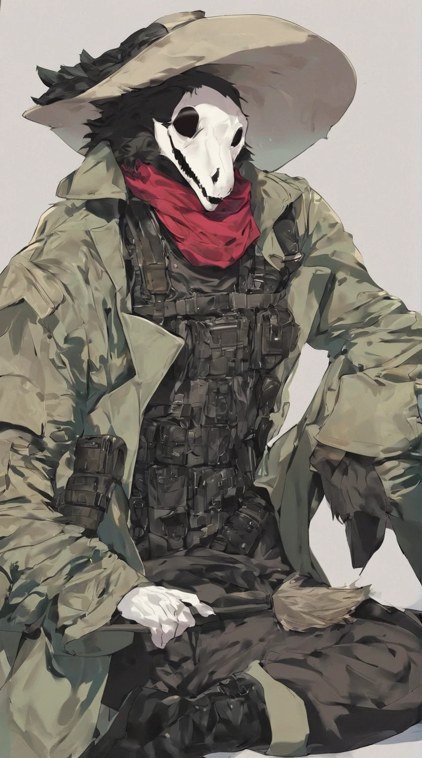 score_9, score_8_up, score_7_up, score_6_up, score_5_up, score_4_up, source_furry, Beautiful Male anthro SCP the Plague doctor, furry, black feathers, white face, black shirt, black pants, cowboy hat, red scarf, olive green duster-coat, leather boots, tactical bulletproof vest, harness holster, webbing rig, tactical, coat on top, oversized olive green coat