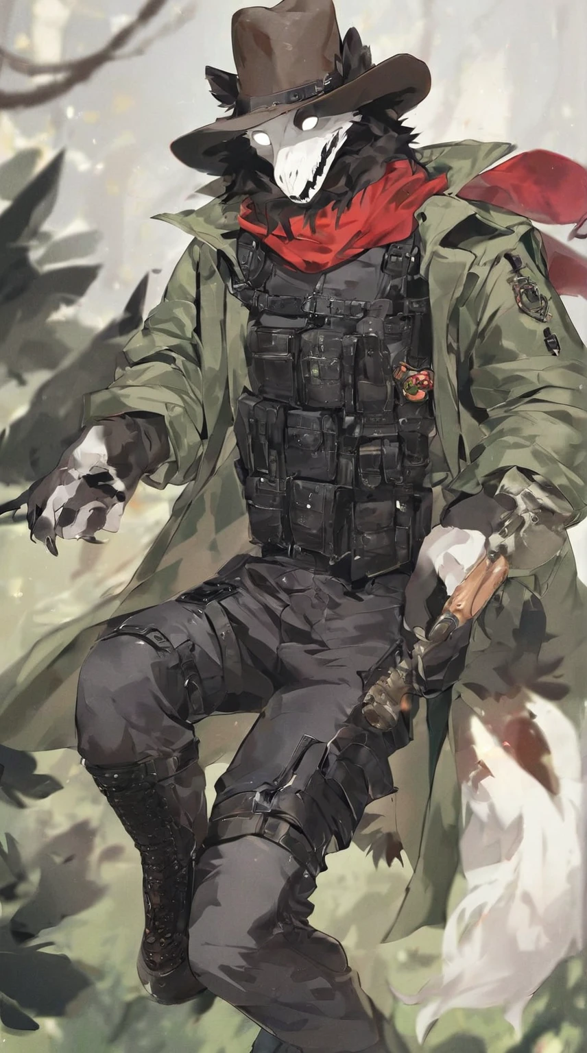 score_9, score_8_up, score_7_up, score_6_up, score_5_up, score_4_up, source_furry, Beautiful Male anthro SCP the Plague doctor, furry, black feathers, white face, black shirt, black pants, cowboy hat, red scarf, olive green duster-coat, leather boots, tactical bulletproof vest, harness holster, webbing rig, tactical, coat on top, oversized olive green coat