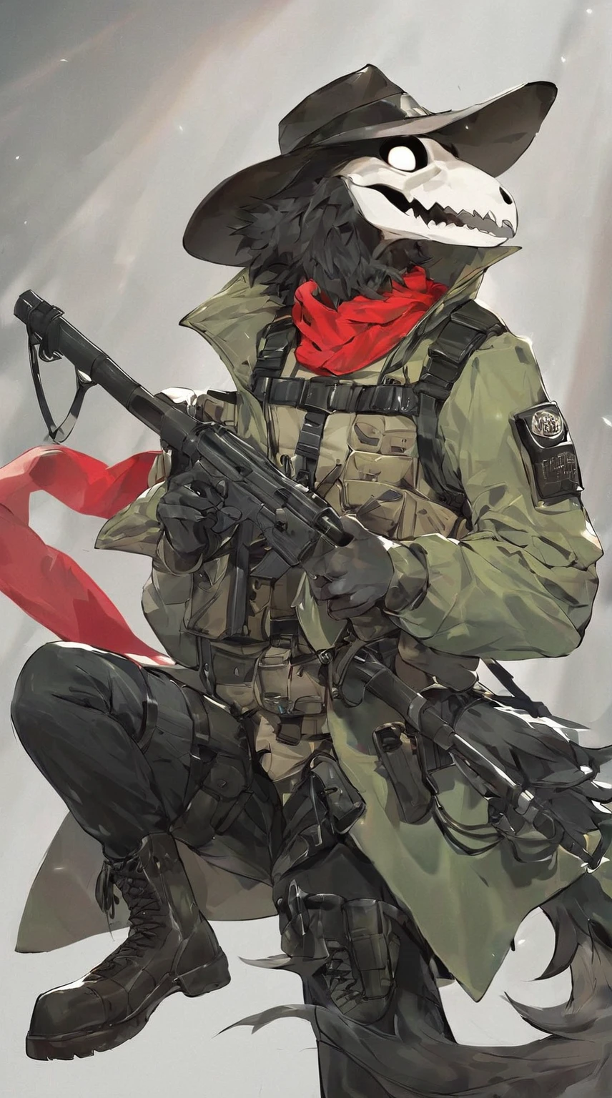 score_9, score_8_up, score_7_up, score_6_up, score_5_up, score_4_up, source_furry, Beautiful Male anthro SCP the Plague doctor, furry, black feathers, white face, black shirt, black pants, cowboy hat, red scarf, olive green duster-coat, leather boots, tactical bulletproof vest, harness holster, webbing rig, tactical, coat on top, oversized olive green coat