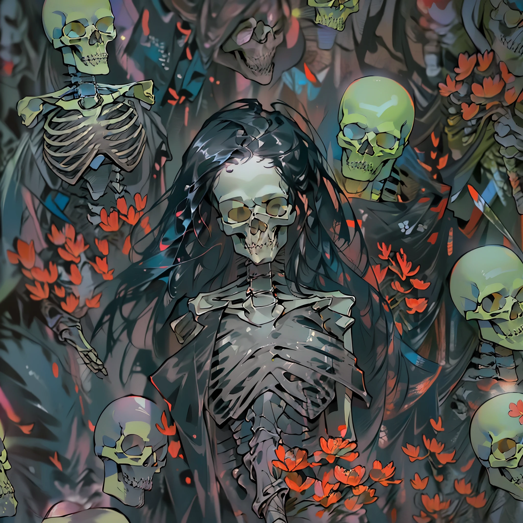 (((Flowers, Baudelaire, long stems, Wide buds, Unusual flowers, Black buds. Red stems, ((Magic radiance)), ((oil painting, high mastery of painting technique)), The best works of expressive painting, high detail elements, background - wide stroke. Fancy patterns - ornaments decorate, green stems, (Skeletons and skulls are hidden in the shadows)). Italian Renaissance, Great Art. Magic and cyberpunk mixed into one. warm color change, contrasting light with cool side lighting, expression of volume and shape, high-quality 3D modeling, works, masterpiece. top quality, skull bone background, horror style, darkened, grainy, hazy. Front Light, Heroic Shot. Best quality, unreal engine, | ultra HD | Full HD, We, Detailed body kit. (WeMyd, photorealistic, sharp focus, 8K). highly detailed textures, Fabric, Metal, bone. graininess, water, shine on the stems, humid air, the contrast of cold shadows and warm golden light, whirlwinds of dead souls.)))_((One, 1 girl, tattoos, glowing tattoos, shiny, white-fluffy 16+), (skull, Flowers), (black transparent dress-clothes)), (sexy, erotic)) _((Delicate scarlet lips), (straight black hair - long, basic highlights, blue, cascade), (multi-colored shiny hair), (cool shine, Wet straight hair))_((styling; clear line, clear contour, high quality of line drawing, shading))_((simple color palettes), (color fill, Color saturation, saturation, harmony, balance), (rich pastel colors, Pure colors), (cyberpunk))_((sexy, erotic), (simple, Minimal accessories), (Necklaces and thin rings made of silver or gold.), (simple bracelets, unusual designs, simple silhouettes), (erotic style))_((background),(abstract minimalism), (stunning cybernetic flowers ), (lilies, extremely unusual, long stems - large stems, skull, Flowers)).
