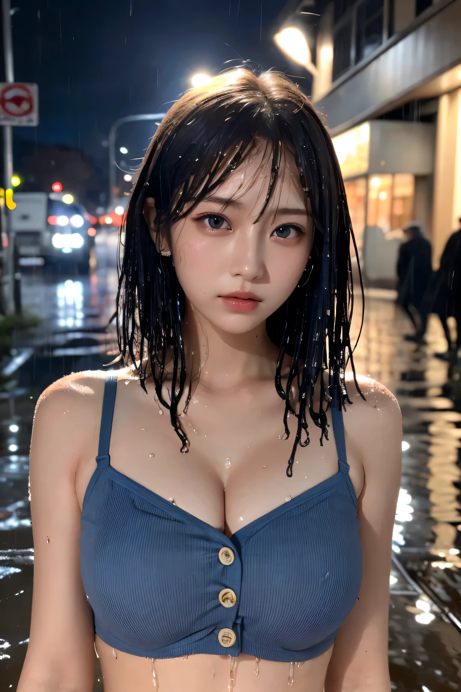 ((highest quality, 8K, masterpiece: 1.3)), sharp focus: 1.2, beautiful woman with perfect body: 1.4, slim belly: 1.2, ((layered haircut, big: 1.2)), (No bra) (small, beautiful and hard (thin moist buttons up to shirt length: 1.1), (dark blue  wet from rain: 1.3), (rain, street: 1.2), wet body: 1.1, Highly detailed face and skin texture, fine eyes, double eyelid, sunburned skin, sexy, sunburned, Nogizaka Idol, korean idol, idol sculpture,