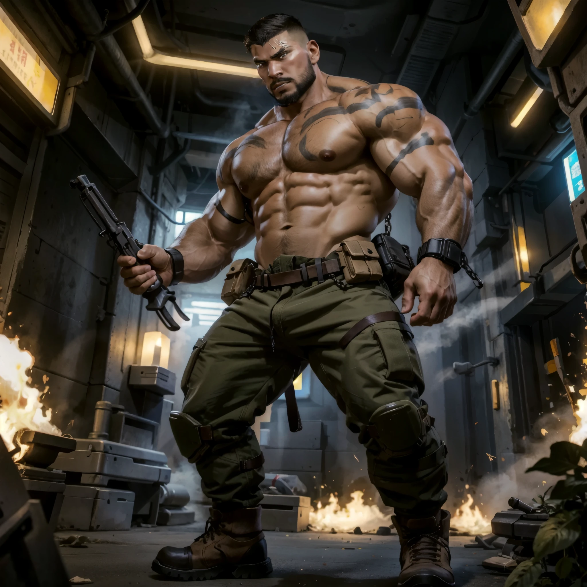 der riese、Muscle men、a chinese male、Doomsday style，gaming character，Armed with a heavy machine gun，Wear military boots，There are bullet chains on the body，A 2-meter-tall giant，Various gestures，Asian male face，A fierce-eyed