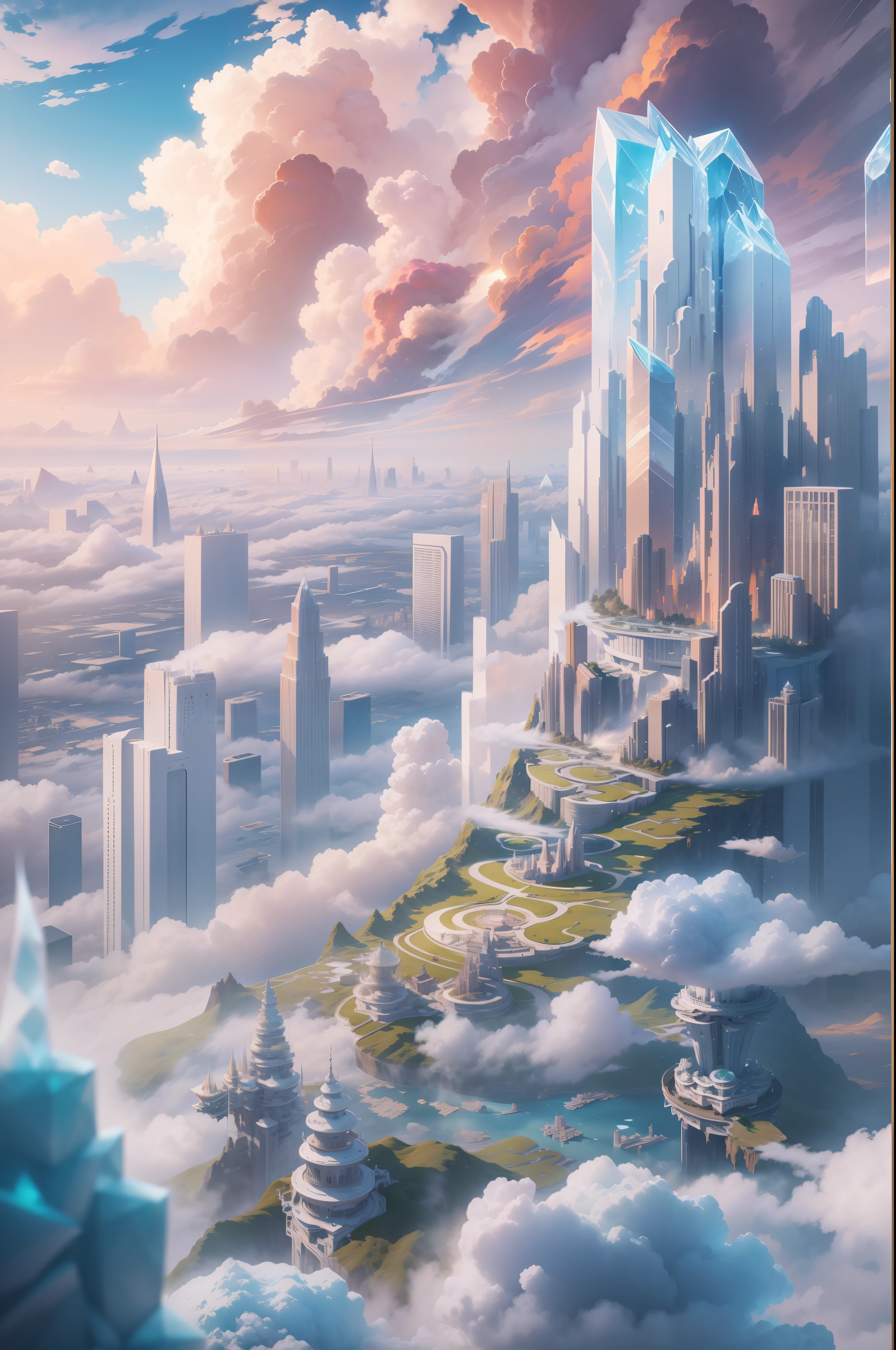 Above the clouds, towns and megastructures made up of crystal and glass buildings float in the sky,Ice crystals,Glowing glass house,Colorful clouds like marshmallows,Faraway view,tmasterpiece,hyper-high detail,Best quality,8K,depth of fields,wonderful,Incredible。