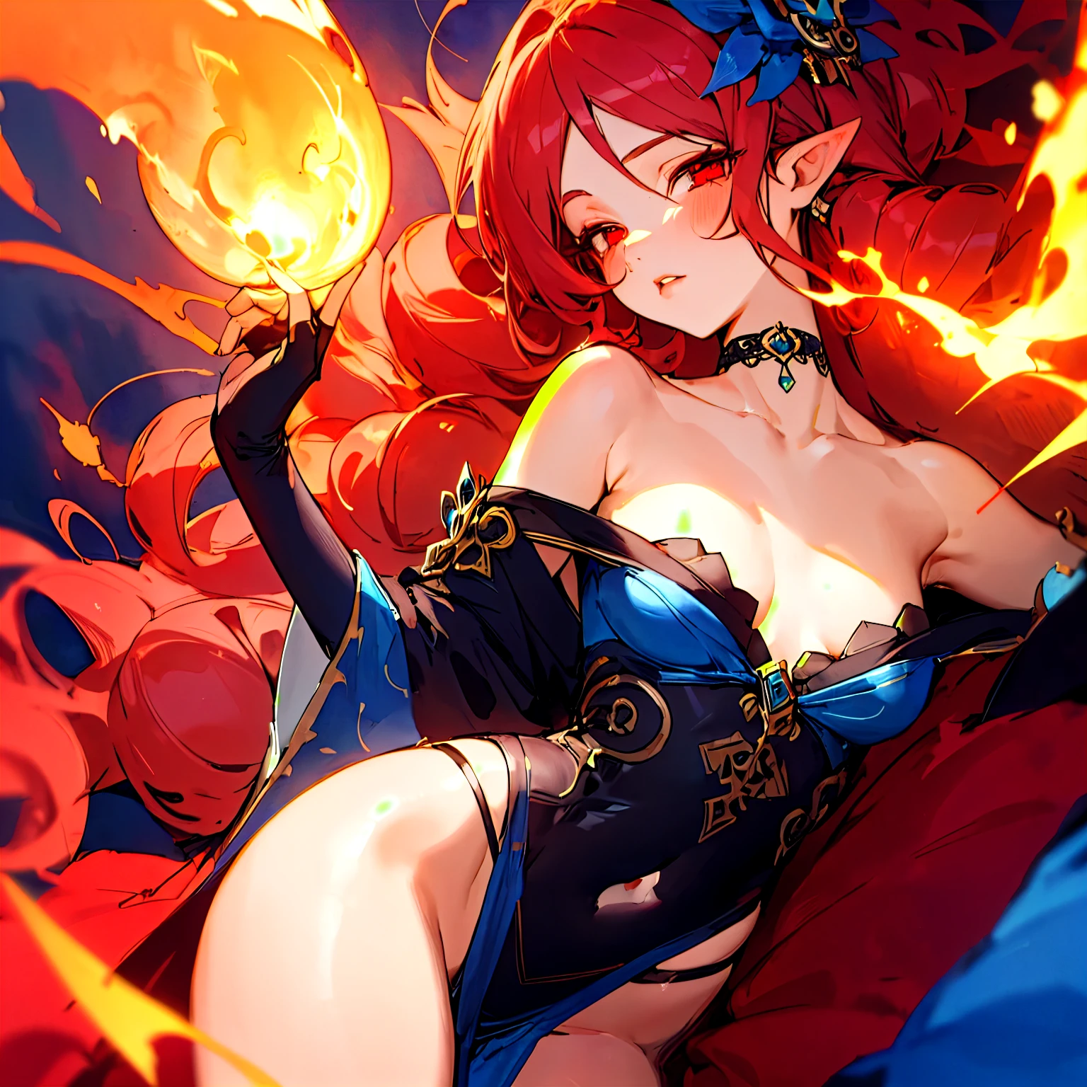 ((Sketch)), (Watercolor), 1girl, long red hair, drill hair,, red eyes, beautiful eyes, pointy ears, detailed lips, pout, choker, collarbone, bare shoulders, small breasts, wide hips, (black revealing clothes with blue ornate), (pelvic curtain), center opening, thigh gap, black fingerless gloves, (pink flames, pink fire background), hip dips, thick thighs, perky breasts, half body, close up, portrait, lying down, half-lidded eyes, kimono, posing