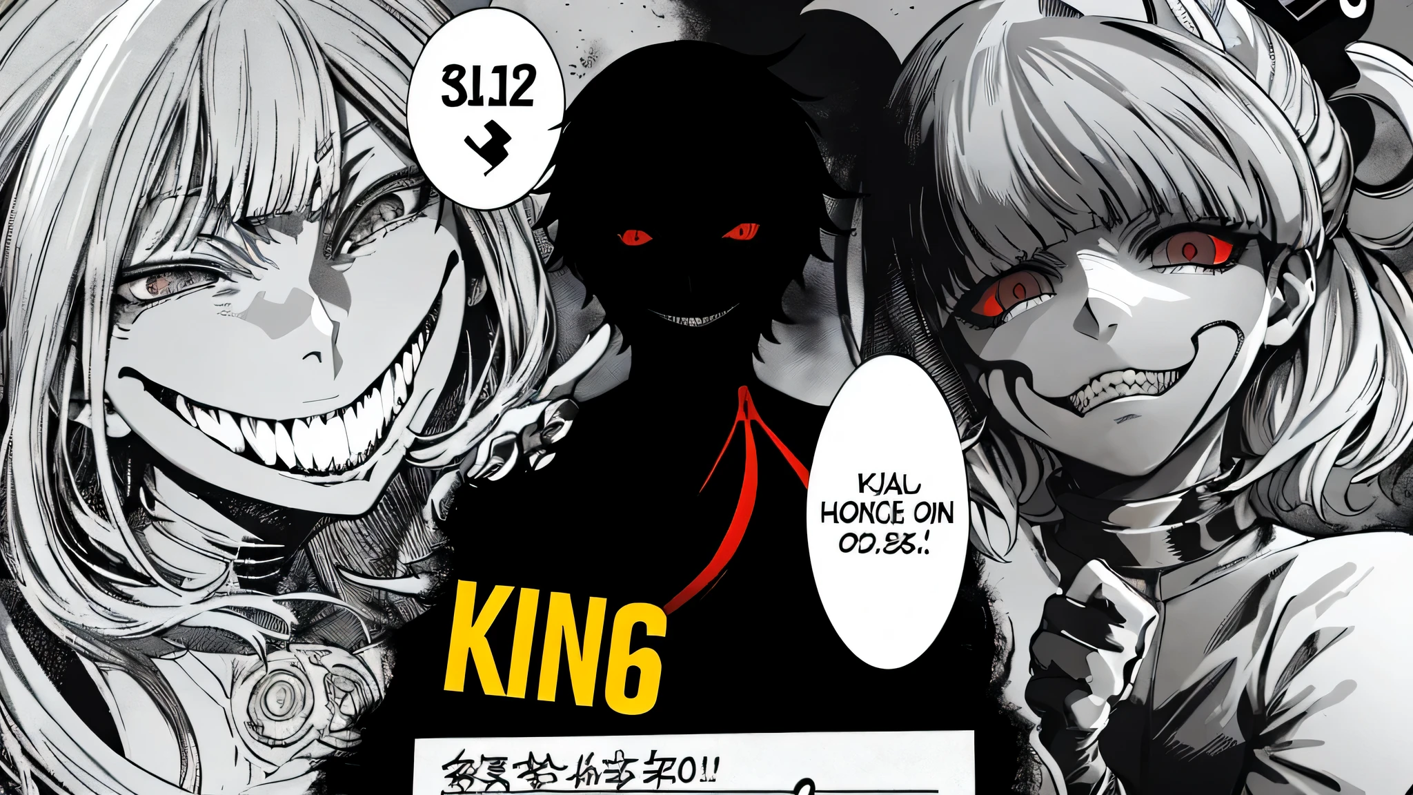 anime characters are posing for a picture with a sign, striking manga artstyle, creepy!!, ken kaneki, ((oversaturated)), masterpiece!, ¯_(tsu)_/¯, dark!, award winning manga style, entire person!, creepy!!!, dark!!!, yoko taro, in manga style, persona 5 style, manga”, king, color manga panel, system