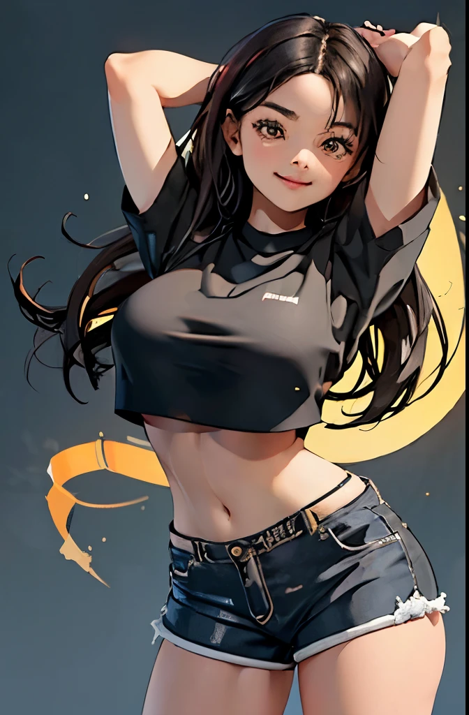 (best quality, masterpiece:1.2), Sketch full view of a hot looking fair skin 29 year old woman standing in front of us. She has brown eyes and long straight black hair. She has big breasts, playful smile. She has a nice curvy physique. She is wearing a crop top and lowrider shorts. Underboob showing. Apartment background. Shading. Lighting. Dynamic pose.