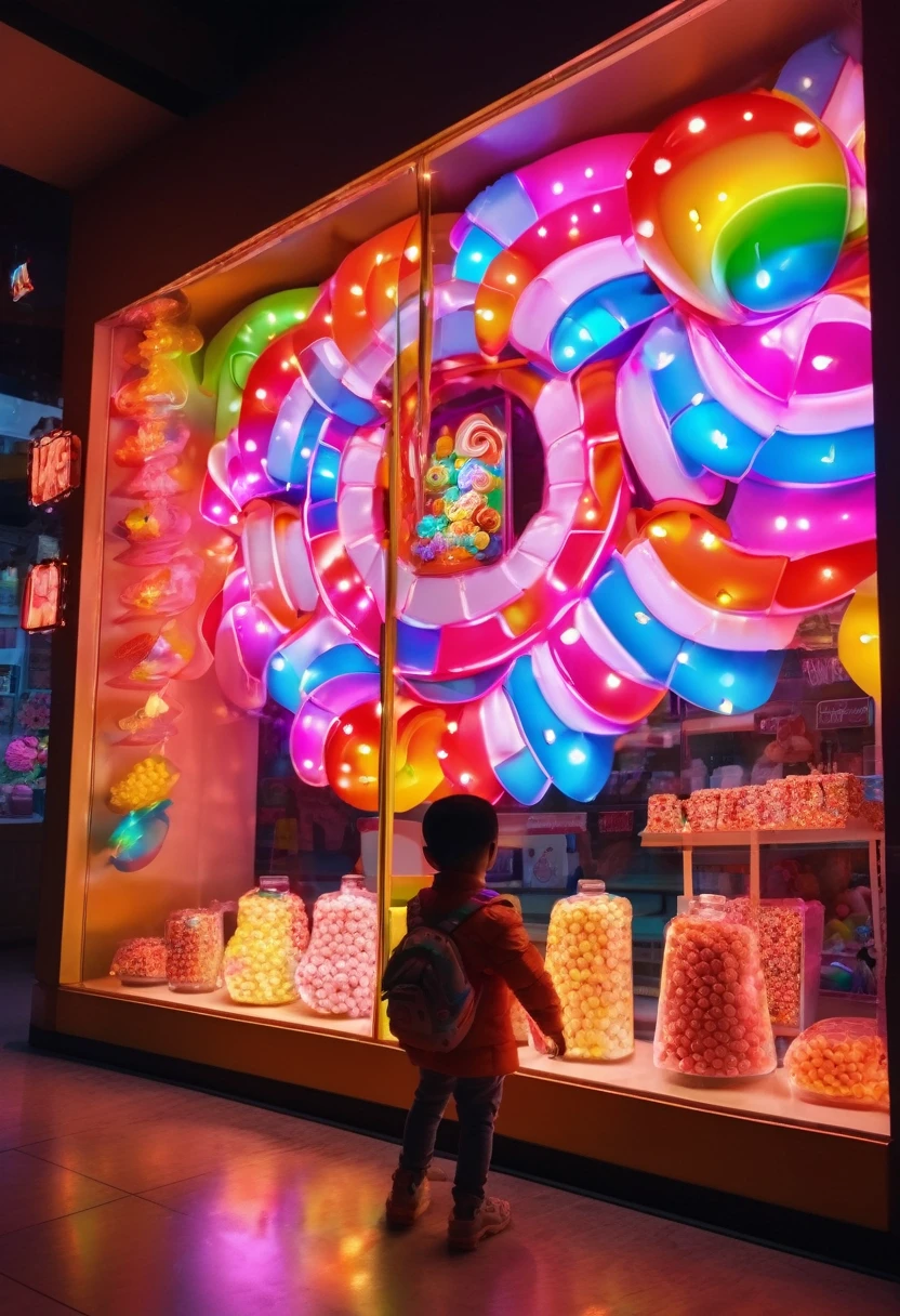 Interesting window display, Creative window display, Display of candy. candyland, candy shop, candy factory, Global illumination. Particle tracing. neon lights, Colorful. 8k ultra high definition. The kid looks into the window。??? look's back.)