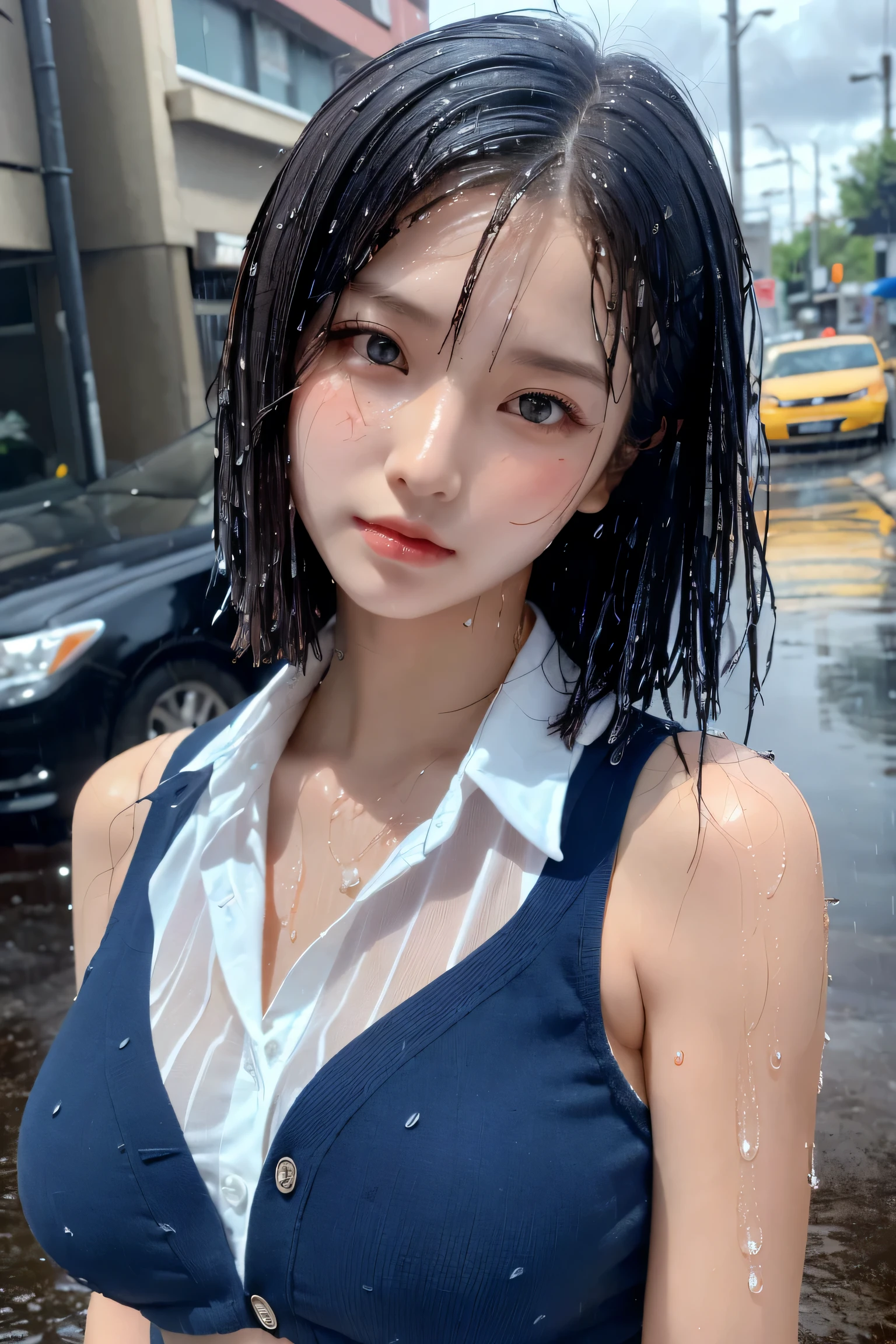 ((highest quality, 8K, masterpiece: 1.3)), sharp focus: 1.2, beautiful woman with perfect body: 1.4, slim belly: 1.2, ((layered haircut, big: 1.2)), (No bra) (small, beautiful and hard (thin moist buttons up to shirt length: 1.1), (dark blue wet from rain: 1.3), (rain, street: 1.2), wet body: 1.1, Highly detailed face and skin texture, fine eyes, double eyelid, sunburned skin, sexy, sunburned, Nogizaka Idol, korean idol, idol sculpture,