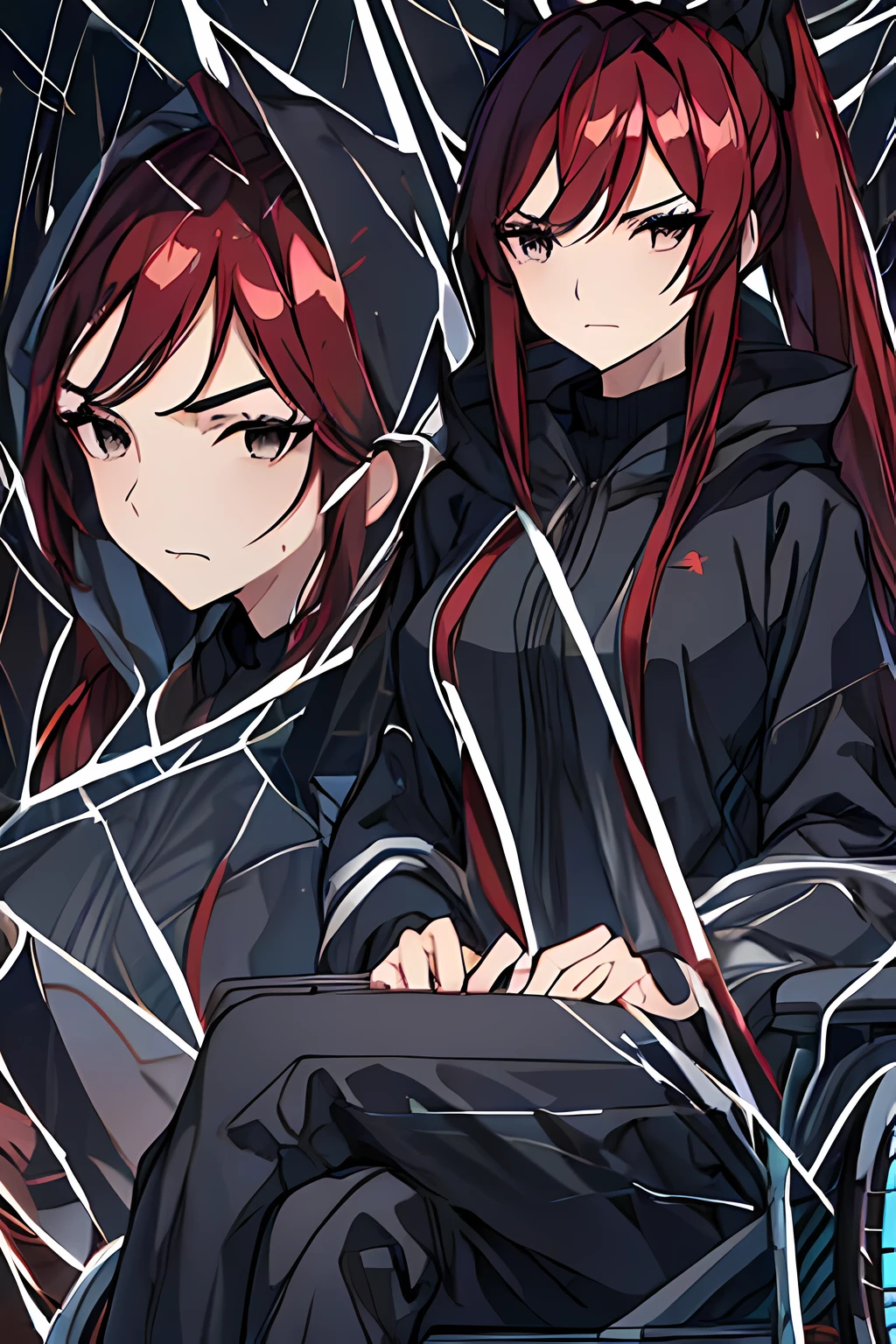 a red haired anime girl with black long sleeved clothing and brown eyes sitting in a wheelchair(1girl), young girl, masterpiece, high quality, red hair, bangs, ((brown eyes)), (ponytail), (long hair), (straight hair), (large scar across the left eye), ((sitting in a wheelchair)), ((a wheelchair)), (in a cemetery), dark, ((raining)), wearing a black rain coat, ((detail face)), (very detail face)), (expressionless mouth), (neatly gathered legs), (two legs), (Tsundere), (long black pants), (long-sleeved black turtle neck shirt), (black hooded cloak), (hood over head)