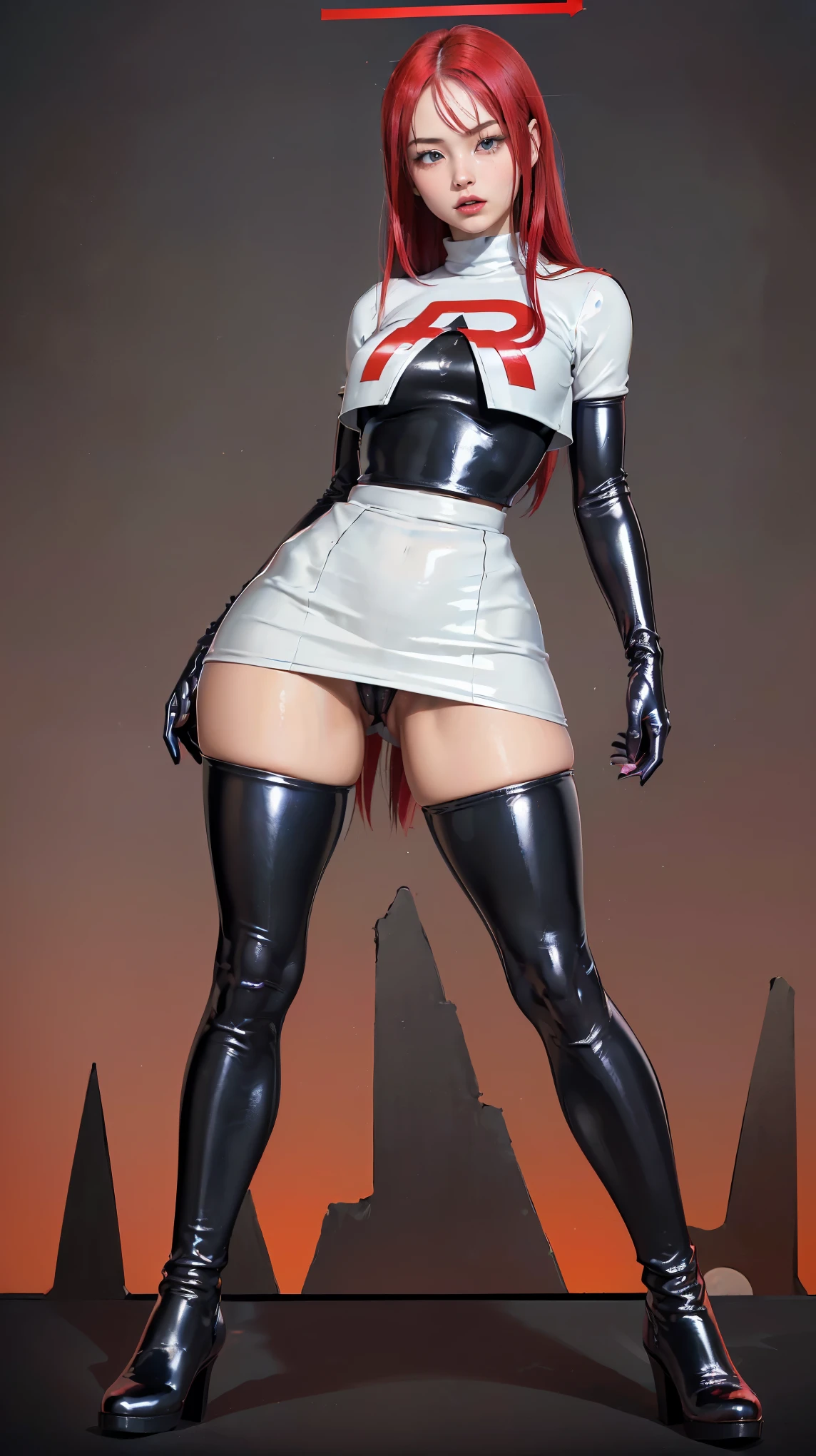 (masterpiece,highest quality,In 8K,Super detailed,High resolution,Realistic,absolutely:1.2),(A female officer of Team Rocket is walking.:1.5),(Always alone:1.5), (Wearing Team Rocket's uniform,A large red R is painted on the chest.:1.5),(cute type of woman:1.4),(Detailed facial depiction, How the bad guys laugh:1.4), (pale red hair:1.5),(Patent gloves hands:1.2),(wallpaper:1.5),(cowboy shot:1.5),(overlook:1.5), (20 year old Japanese woman,clothing that fits,Make your skirt very short, Black patent leather gloves, Black patent leather long boots:1.3), (secret society hideout), (camel toe:1.3), (big butt, thick thighs:1.3), (A is being looked at from below.:1.4)