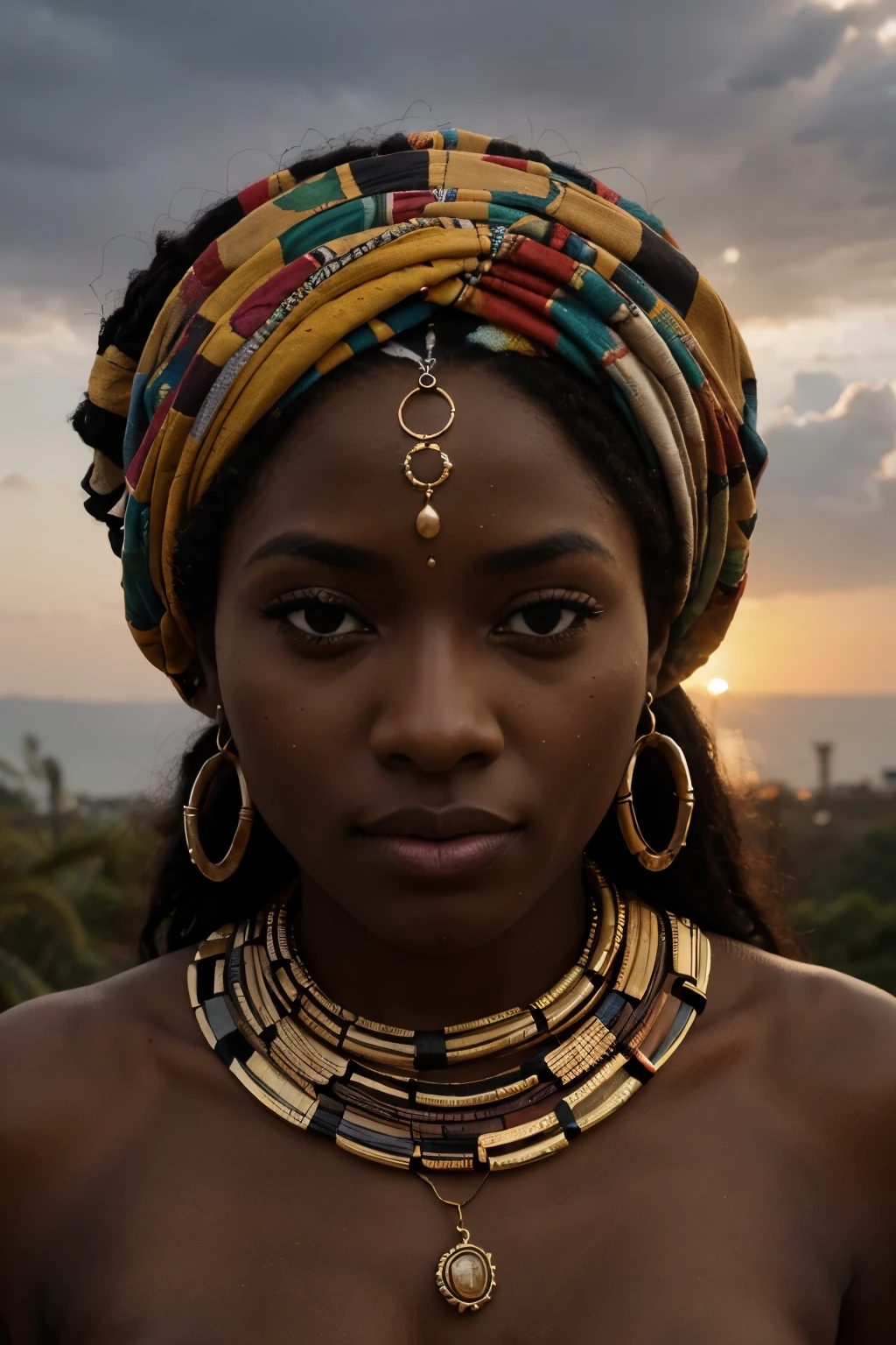 full cloudy sunset sky image with an very realistic and beautifull african goddes face in the center with turban very big face in the center of the image, a lot of clouds around her face, circle of clouds in the front of her face. colored turban in the head. very dark skin, goddes elegua, orisha african religion, very dark skin.  african mandala in the head