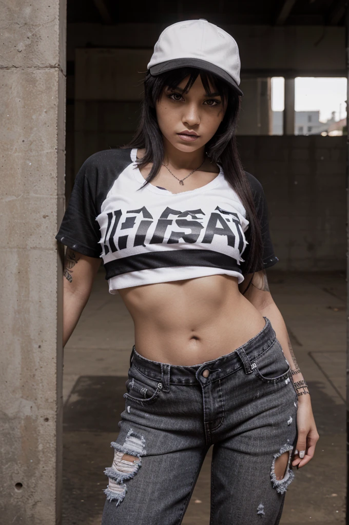 (masterwork), professional modelshoot style photo of a young and grim (chicano :1.1) female gangster chola chicano  wearing a (backwards baseball-cap:1.2) and (white tanktop:1.0) and (black and white plaid shirt:1.2) wearing (baggy jeans:1.0) (flat black shoes:1.0) (spiked bangs hair :1.2) (dark  heavy eyeliner and dark lipstick and lip liner:1.0) a (poor neighbourhood:1.1) in Santa Monica, looking_at_viewer, perfect eyes, (small_breast), perfect, masterpiece, professional majestic photography by _photographers_, Intricate, High Detail, Sharp focus, dramatic, photorealistic