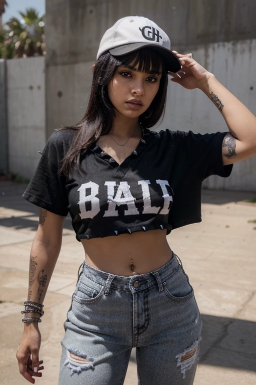 (masterwork), professional modelshoot style photo of a young and grim (chicano :1.1) female gangster chola chicano wearing a (backwards baseball-cap:1.2) and (white tanktop:1.0) and (black and white plaid shirt:1.2) wearing (baggy jeans:1.0) (flat black shoes:1.0) (spiked bangs hair :1.2) (dark heavy eyeliner and dark lipstick and lip liner:1.0) a (poor neighbourhood:1.1) in Santa Monica, looking_at_viewer, perfect eyes, (small_breast), perfect, masterpiece, professional majestic photography by _photographers_, Intricate, High Detail, Sharp focus, dramatic, photorealistic