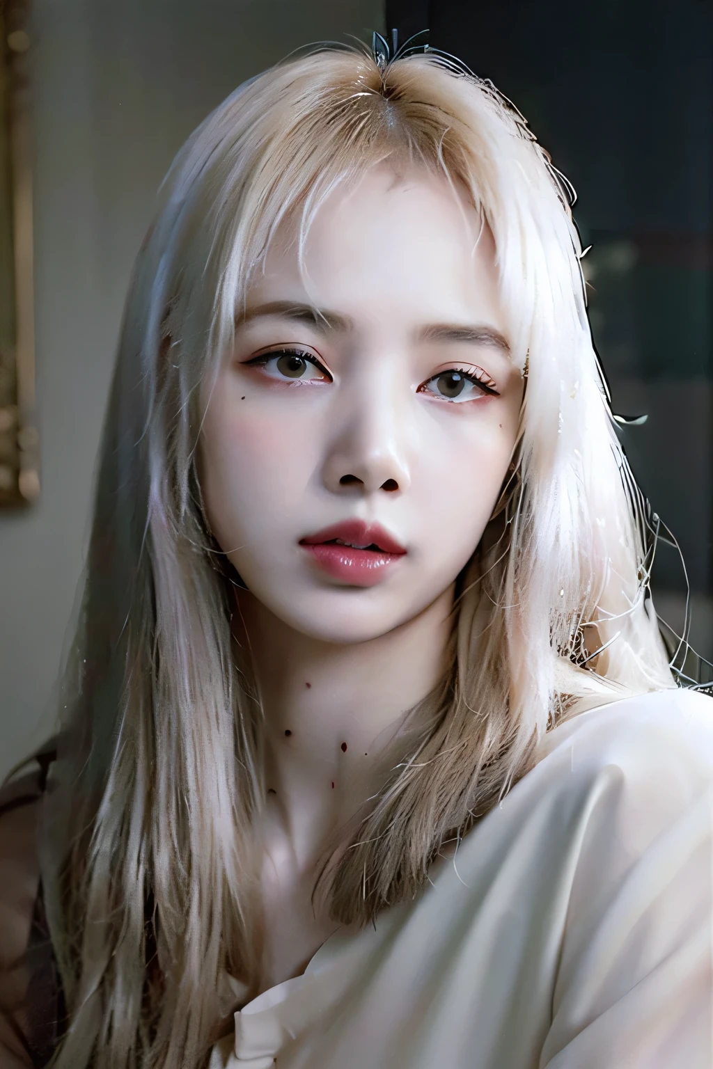 (RAW photo, best quality), ((Nostalgia,1980s syle)),(A girl with a literary atmosphere:1.2),(realistic, photo-realistic:1.3), extremely delicate and beautiful, Amazing, finely detail, masterpiece, ultra-detailed, highres,best illustration, best shadow,intricate,depth of field,(closeup portrait of a young beautiful woman:1.2),long hair,messy hair,((((low key,dark scene,dimly lit)))),(((soft lighting:1.4))),(pale skin:1.4),(shy smile),(cinematic angle),sharp focus, volumetric fog, 8k UHD, DSLR, high quality,( film grain:1.4), Fujifilm XT3,(looking at viewer), pale skin