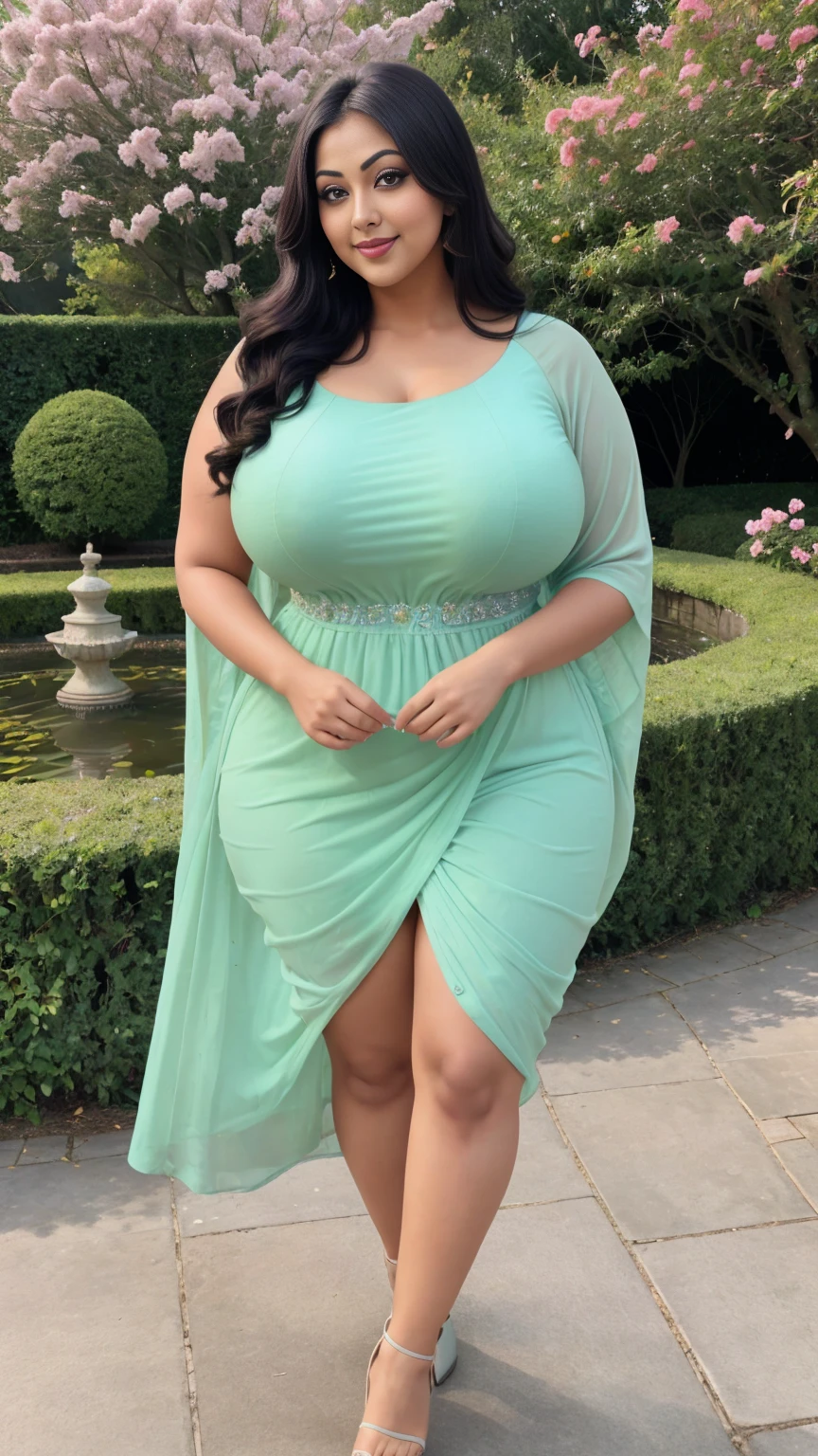 1 big woman in garden wearing transparent green long frock 