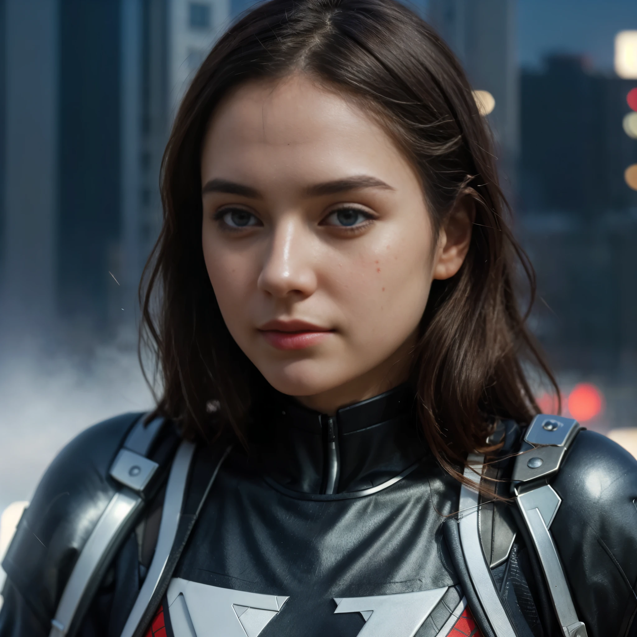 (1girl:1.3), Solo, (((Very detailed face)))), ((Very detailed eyes and face)))), Beautiful detail eyes, Caucasian, brunette, blue eyes, Body parts__, Official art, Unified 8k wallpaper, Super detailed, beautiful and beautiful, beautiful, masterpiece, best quality, original, masterpiece, super fine photo, best quality, super high resolution, realistic realism, sunlight, full body portrait, amazing beauty, dynamic pose, delicate face, vibrant eyes, (from the front), She wears Spider-Man suit, red and black color scheme, spider, very detailed city roof background, rooftop, overlooking the city, detailed face, detailed complex busy background, messy, gorgeous, milky white, highly detailed skin, realistic skin details, visible pores, clear focus, volumetric fog, 8k uhd, DSLR, high quality, film grain, fair skin, photo realism, lomography, futuristic dystopian megalopolis, translucent