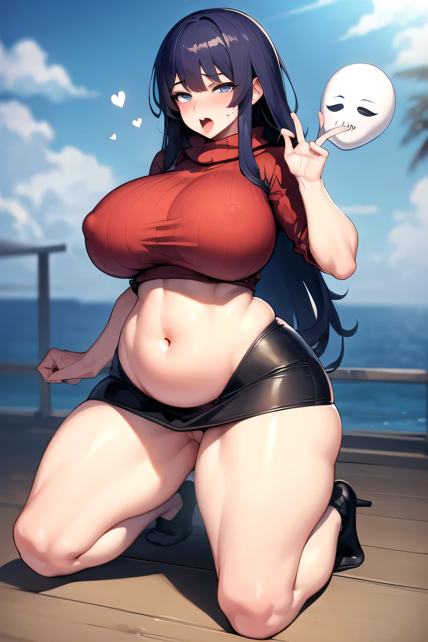 una chica fantasma que tiene un vestido blanco, una bufanda blanca, a ghost mask and full body nice very big hips, pechos muy grandes, haciendo un ahegao, muslos grandes, figura, cuerpazo, hentai, anime