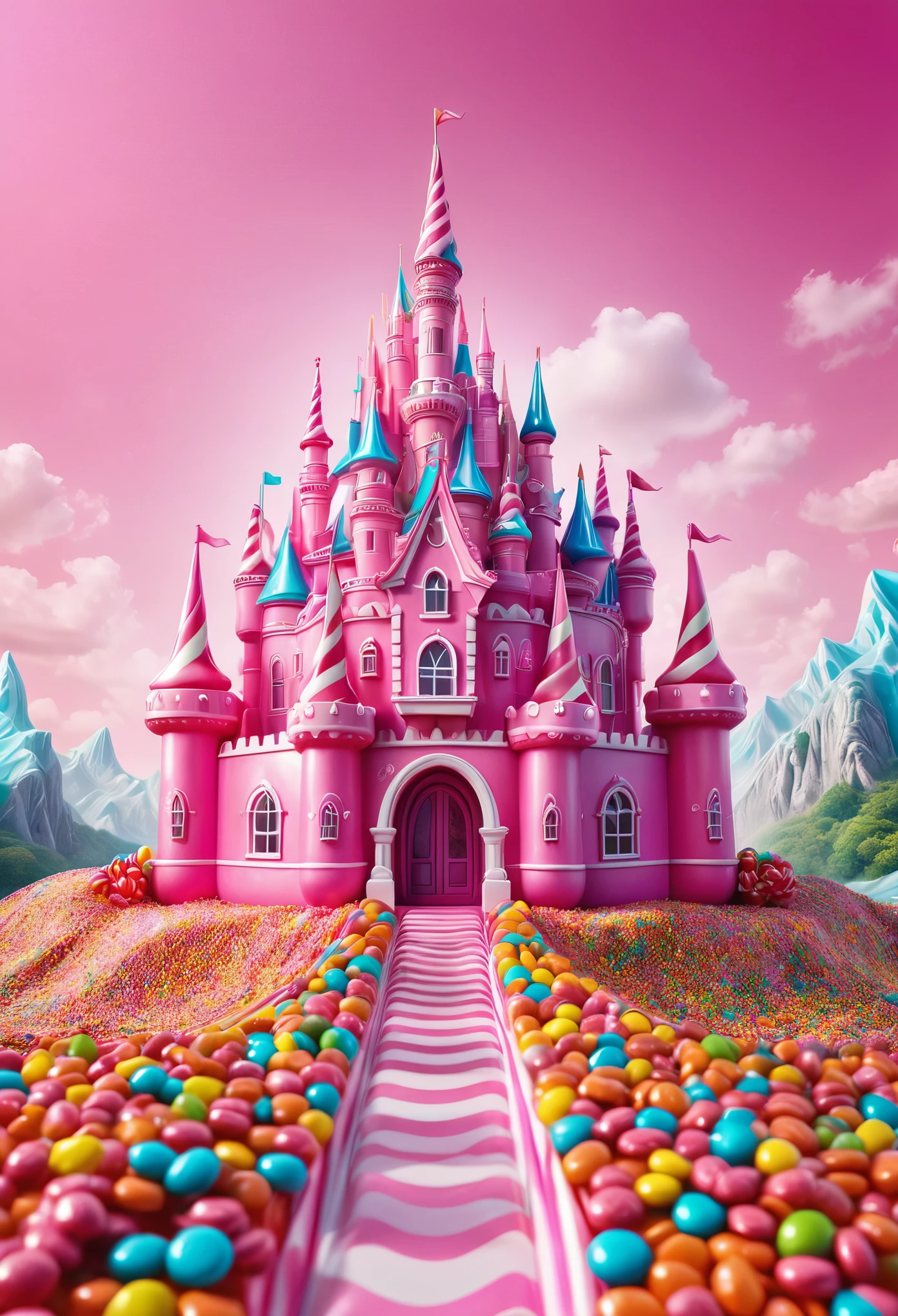 A pink candy castle surrounded colorful candies, photorealistic landscapes, colorful costumes, detailed background, hyper realistic photography, surreal and whimsical scenes, natural light, wide angle shot, low angle shot, front view in the style of various artists. 