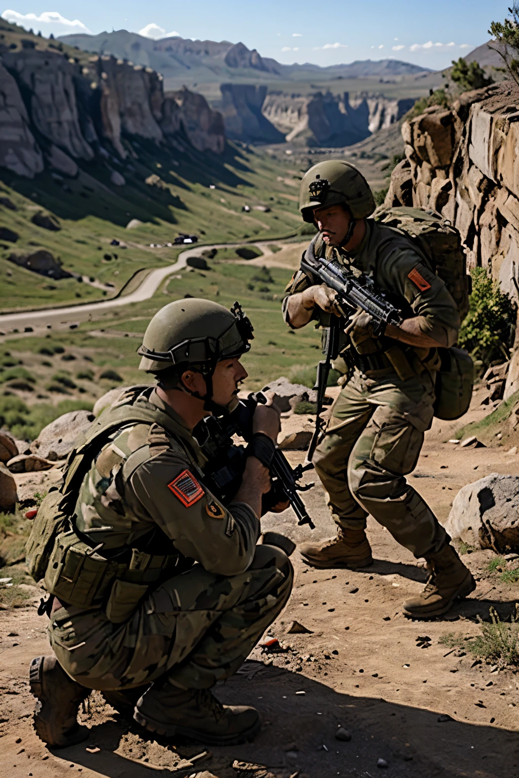 2 male soldiers in a war scenario taking cover behind rocks