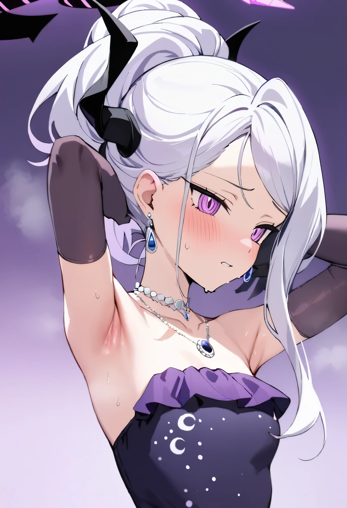 (masterpiece:1.2), hyper detail, best quality, (intricate_details:1.1), beautiful detailed, colourful, beautiful hair, colorful eyes, solo, halo, 1girl,hina,1girl,solo,ponytail,elbow gloves,purple dress,black gloves,black dress,strapless dress,earrings,necklace,alternate costume,shoulder,upper body, sweating,steam,blush, flipped hair,armpit