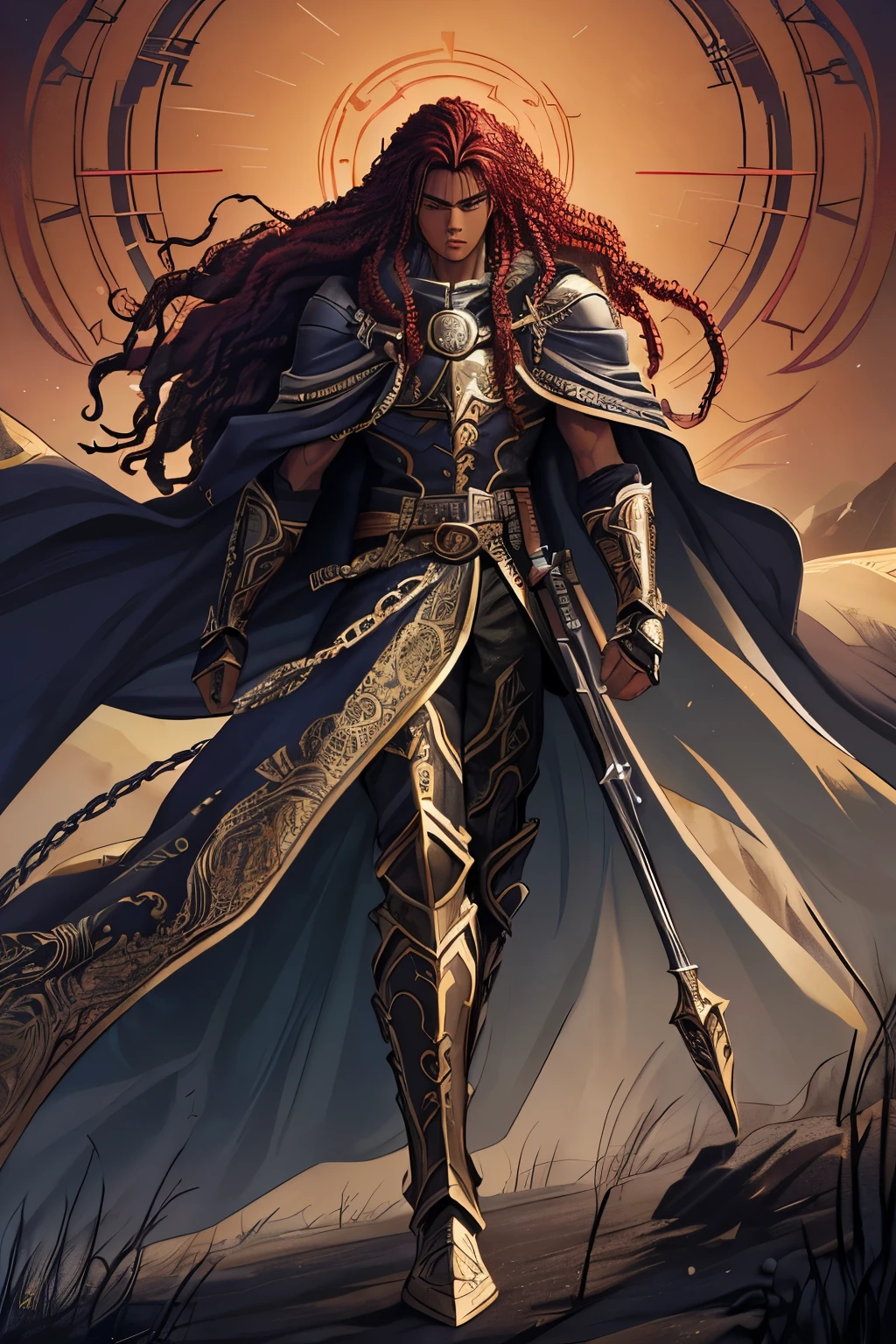 Masterpiece, top quality, high resolution, Emblematic Blasian teen male, long curly hair, red cloak, metal arm (Detailed:1.3),
(Unique:1.2), Complexion with a rich blend of colors, expressing the essence of diversity,
(Dramatic pose:1.5), Hand resting on the metal arm, curly hair blowing in the wind,
(Fantasy Character:1.0), Detailed cloak design, intricate metal arm texture,
(Request:1.0), Bringing the image to life, showcasing the strength and uniqueness of the character,
(Visual Storytelling:1