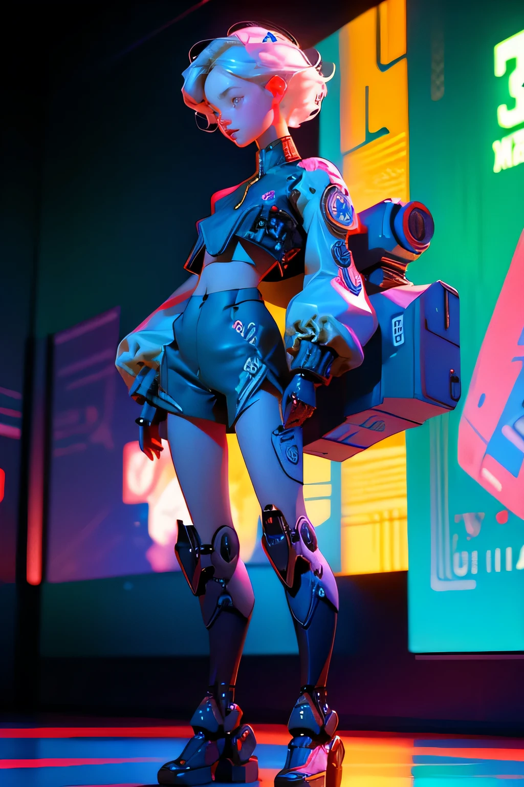 ((masterpiece, best quality)),illustration,ultra detailed 8k,photorealistic,sharp focus,highly detailed,professional lighting,colorful details,iridescent colors BREAK extreme long shot of a factory,large mechanical robot construction,microchip,computer,glowing,intricate details,shitu-mecha,1girl is standing in front of the audience,Navel