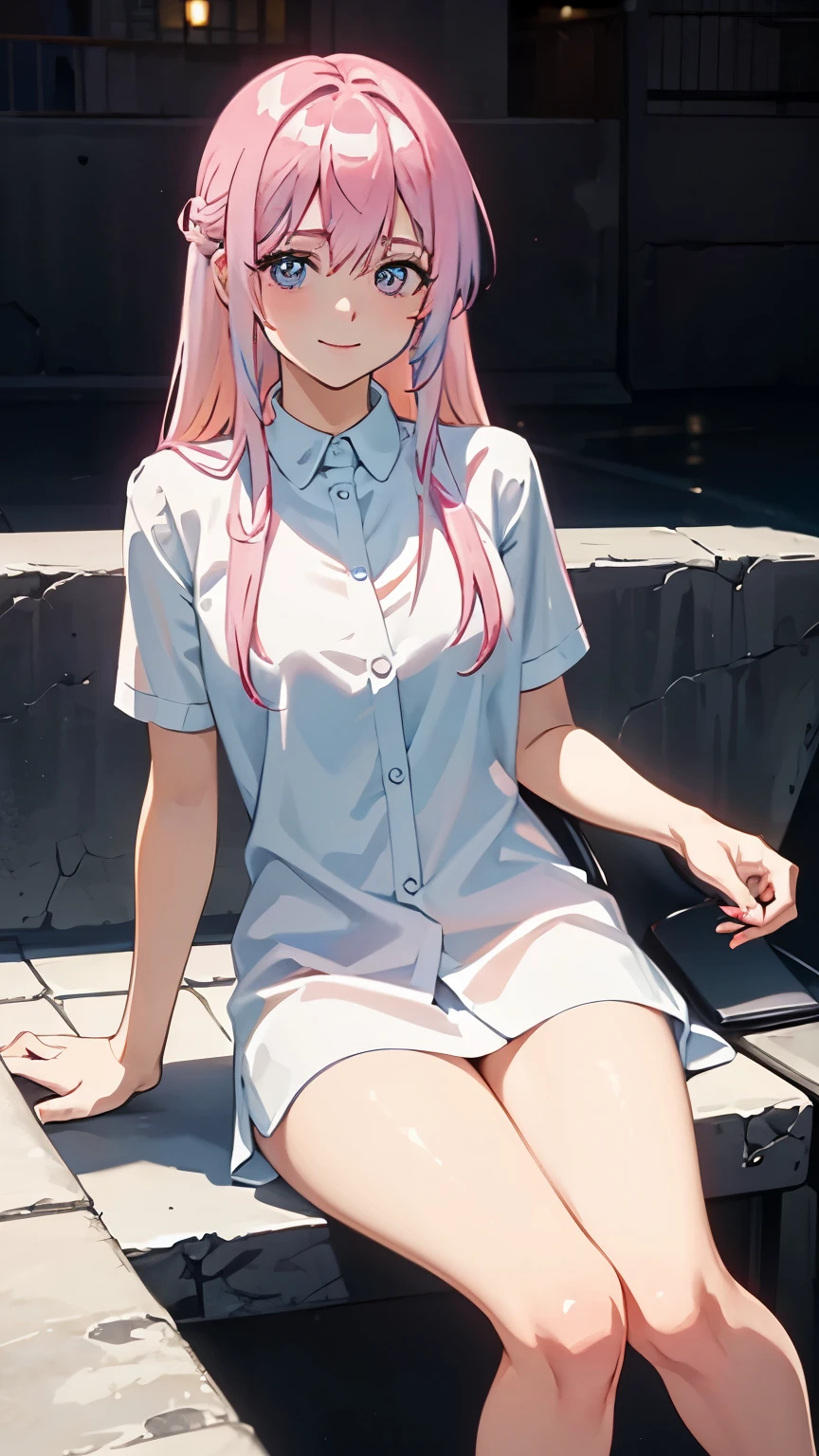 high res, ultrasharp, 8K, masterpiece, looking at viewer, pink hair, seductive smile, naked, beautiful face, sitting, minimalist coloring