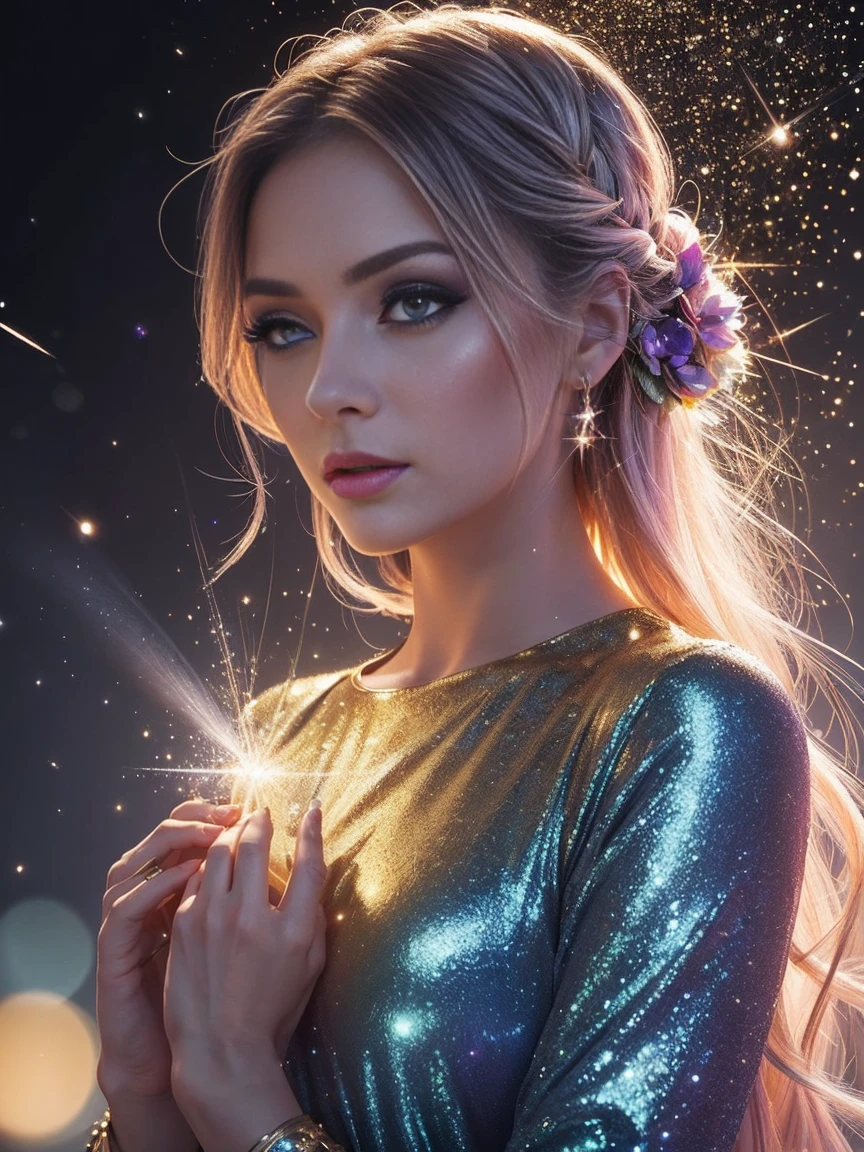 Makeup artists do makeup for celebritieasterpiece:1.2), Best Quality, Masterpiece, hight resolution, Original, extremely detailed wallpaper, perfect lighting,(extremely detailed CGI:1.2), Lightning Girl, Fitted jumpsuit in rainbow colors, Mystical Picture, Lightning flies all around, Magic, ((Film grain, bokeh, light particles ,Dust, Extreme camera angle))