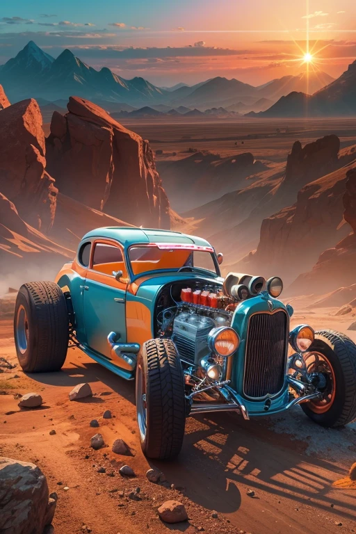 Hot rod race (3Hotrod, orange, blue, pink) on an alien planet in the twilight of a rising sun, dynamic drifting,, dusty, mountains, rivers, stones, on the horizon a ring planet rises, view towards the rising sun, lens flare, against light,