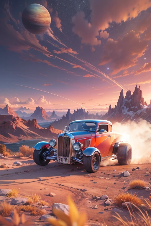 Hot rod race (3Hotrod, orange, blue, pink) on an alien planet in the twilight of a rising sun, dynamic drifting,, dusty, mountains, rivers, stones, on the horizon a ring planet rises, view towards the rising sun, lens flare, against light,