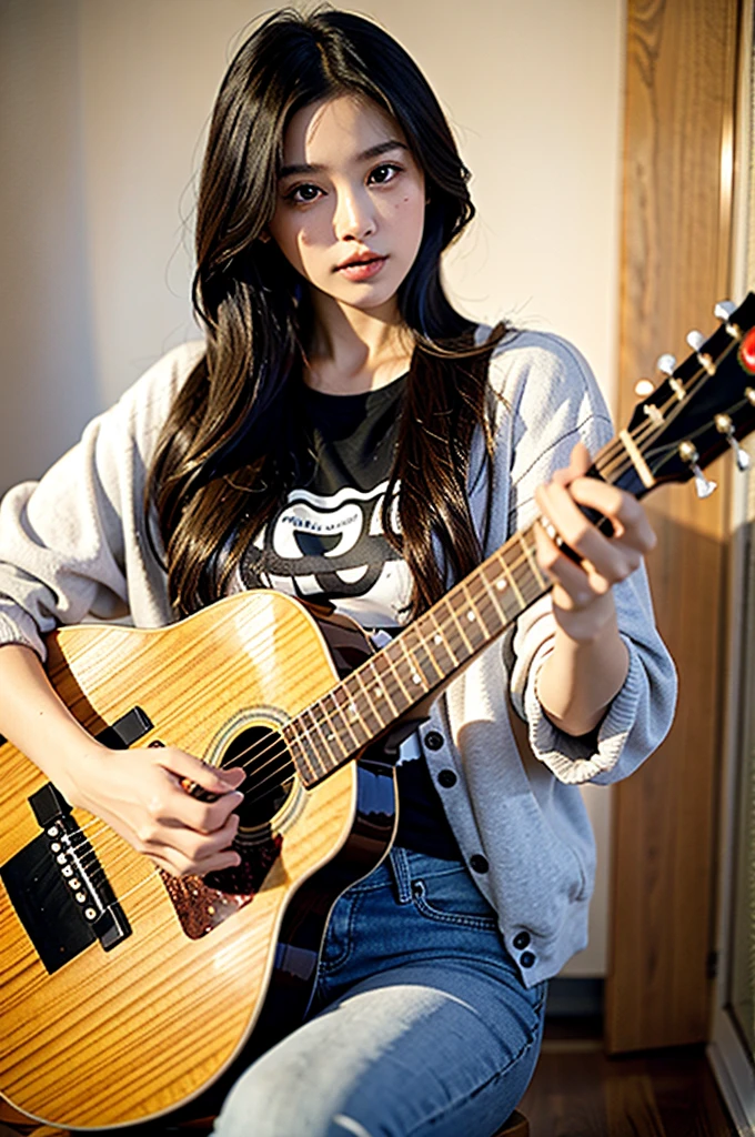 Young woman with ombré hair, brown eyes, with a guitar