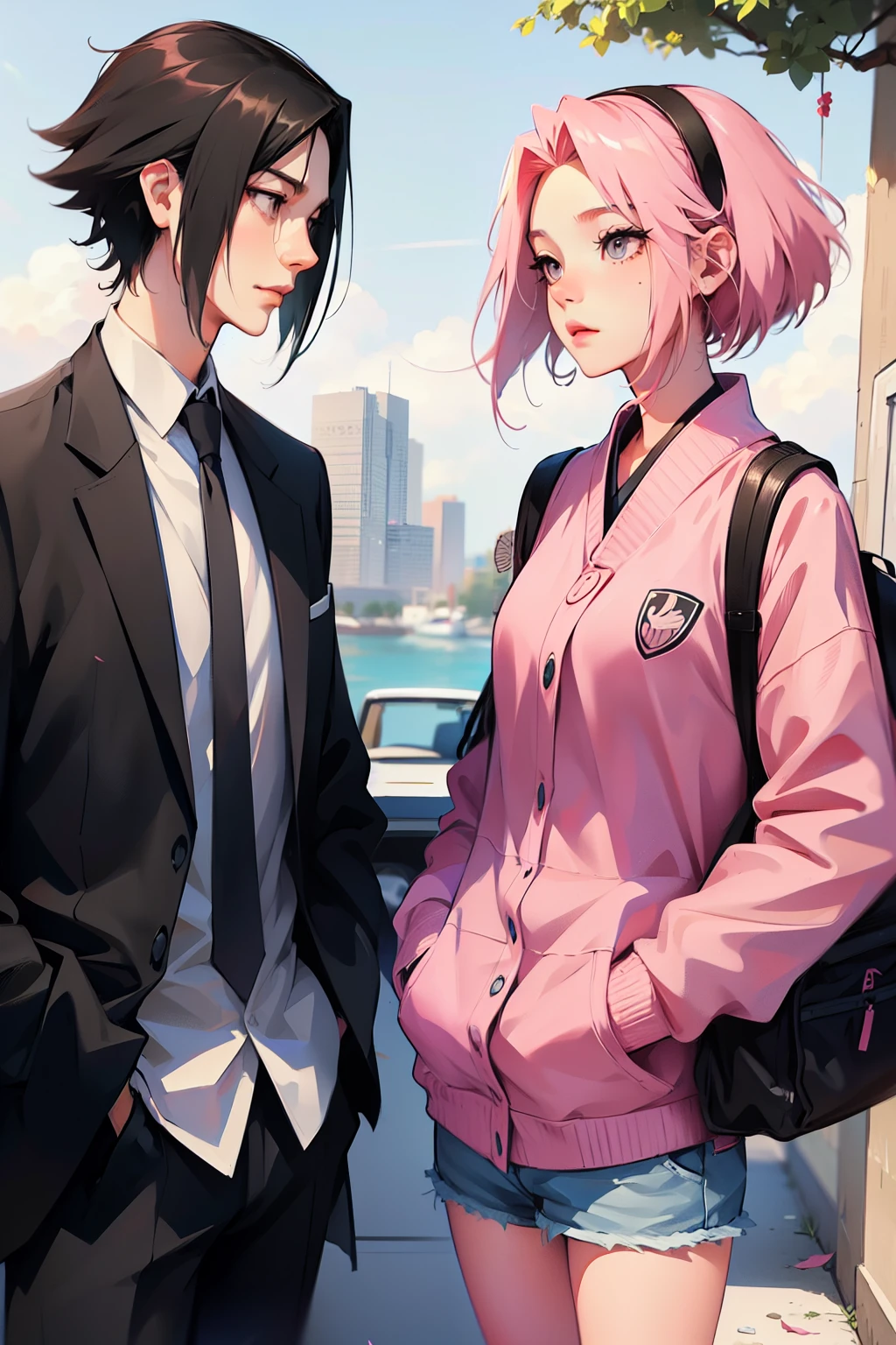 sasusaku. Sasuke Uchiha, a tall man with black hair and wearing a , is a student and has his hands in his pockets. Sakura, a thin woman with pink hair, is a student and has her hands in her pockets. best quality, adorable, ultra-detailed, illustration, complex, detailed, extremely detailed, detailed face, soft light, soft focus, perfect face. In love, illustration. two people, couple,