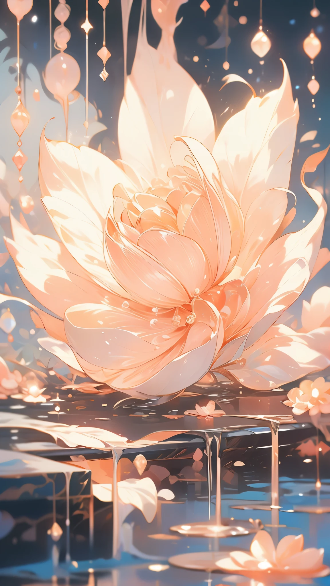 A person lying in water，With fluid abstract，Reflection and mirroring styles，Clear light pink，Clear water，White soap bubbles，Bokeh shots，Close-up from the neck up，Head close-up