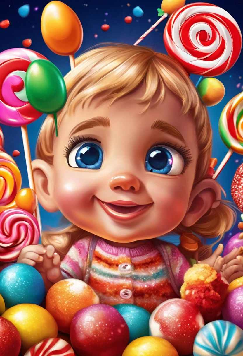 A small kid with big eyes holding a colorful candy in a candyland, surrounded by candy canes and lollipops. The candy is the center of attention, with its vibrant colors and shiny wrapper. The kid's excitement is evident in the sparkle of their eyes and the big smile on their face. The candyland is filled with larger-than-life candies, creating a magical and whimsical atmosphere. The sunlight filters through the candy wrappers, casting a soft, warm glow on everything. The scene is filled with vivid colors, giving it a playful and joyful feel. The candyland is a paradise for the kid, where their imagination runs wild and their dreams come true. High-quality details capture the intricate patterns on the candy wrappers and the small droplets of sugar on the candies. Techniques such as bokeh and studio lighting enhance the overall artistic quality, creating a visually stunning masterpiece.